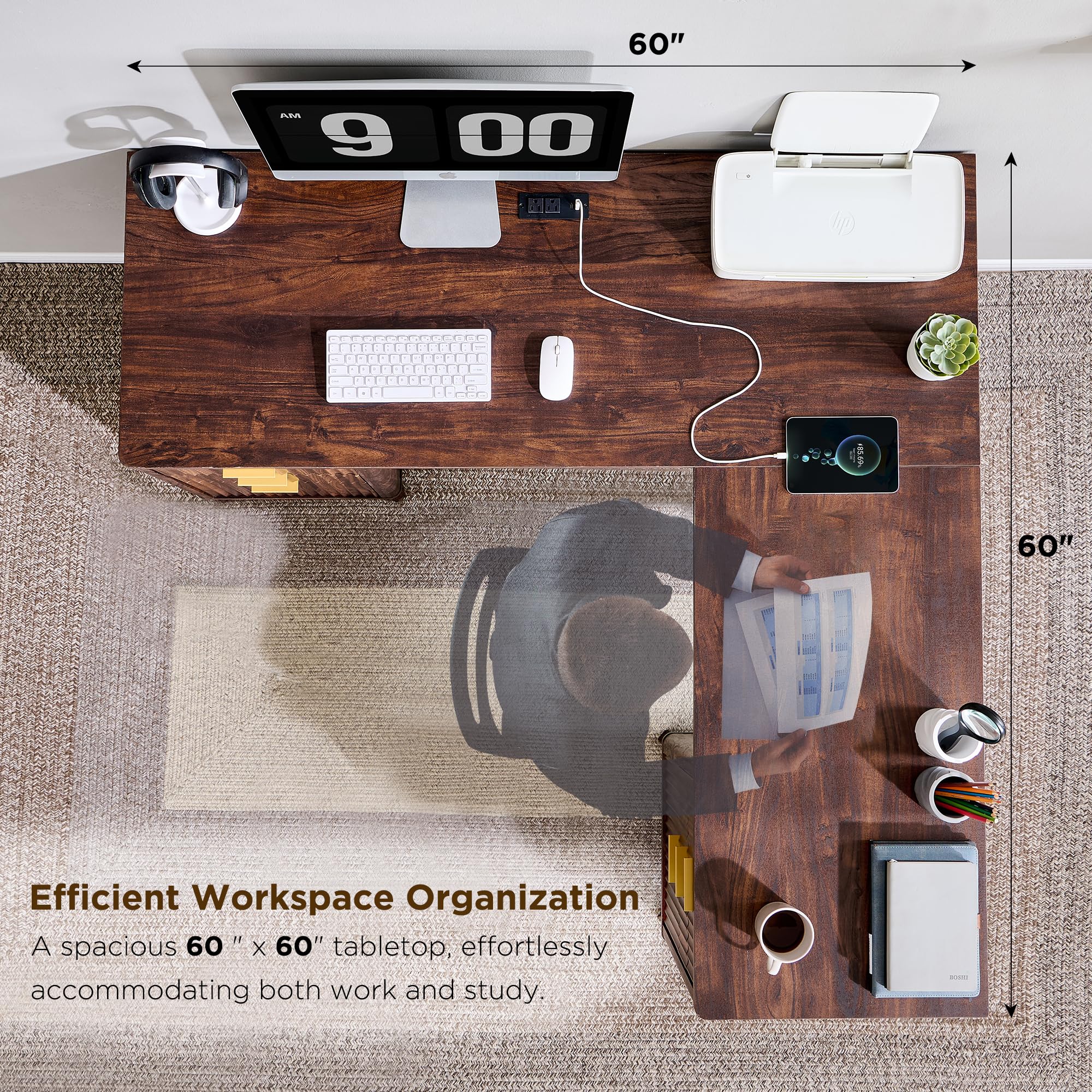 T4TREAM 60'' Fluted Executive L Shaped Desk, Modern Home Office Desk with Charging Station and File Drawer, Computer Corner Desks with Drawers & Storage Cabinet for Office Home, Bedroom, Natural Oak