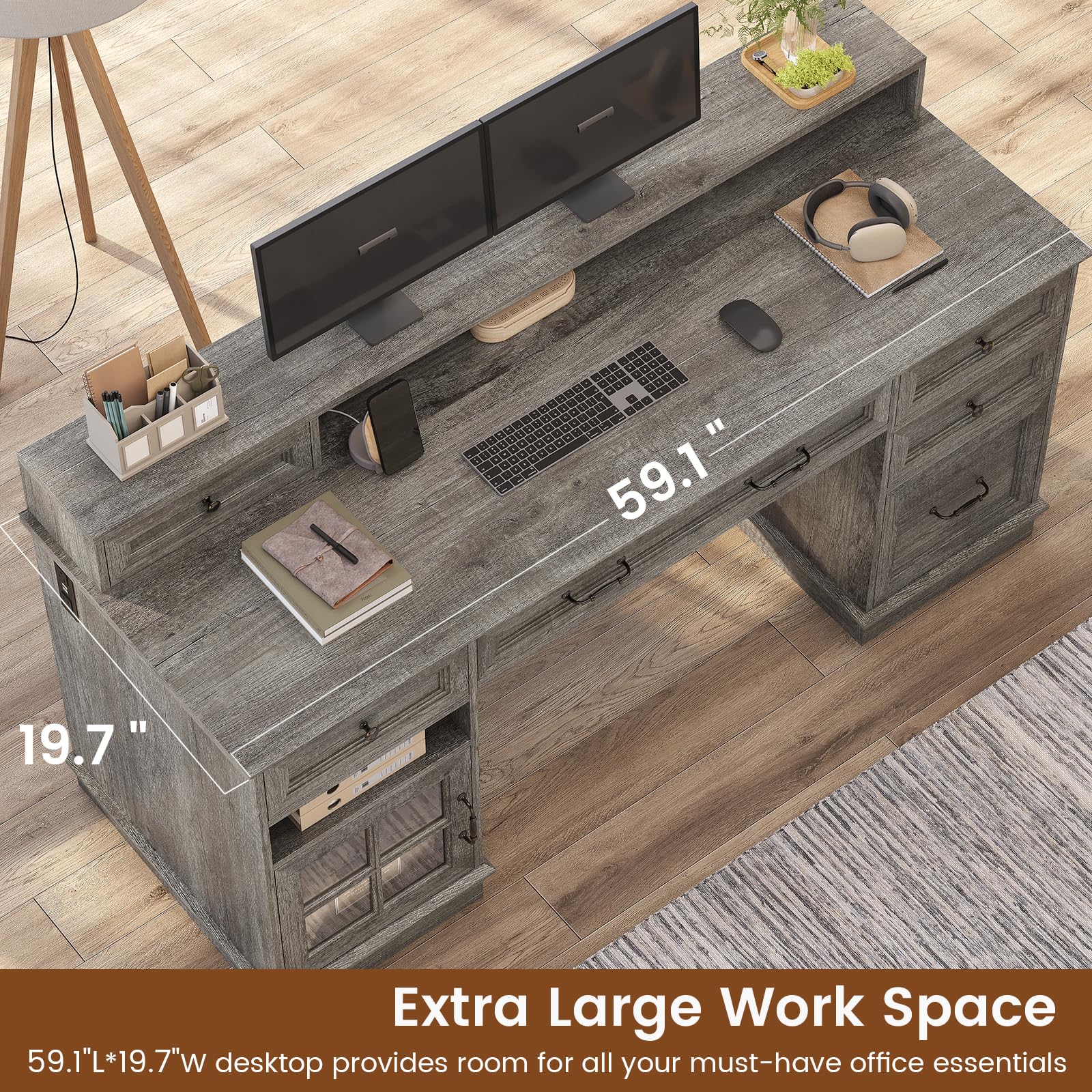 HAUOMS Farmhouse Executive Desk with Drawers Computer Desk with File Drawers, Power Outlet and Led Lights, Executive Office Desk with Storage Cabinet and Monitor Shelf for Home Office,