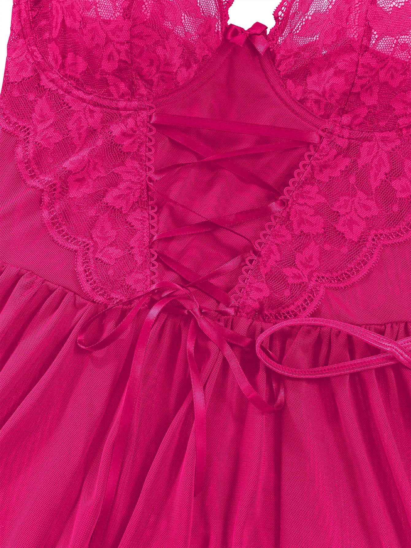 Lilosy Sexy Garter Belt Mesh Lace Babydoll Lingerie Dress Set with Thong: Wire Small Hot Pink