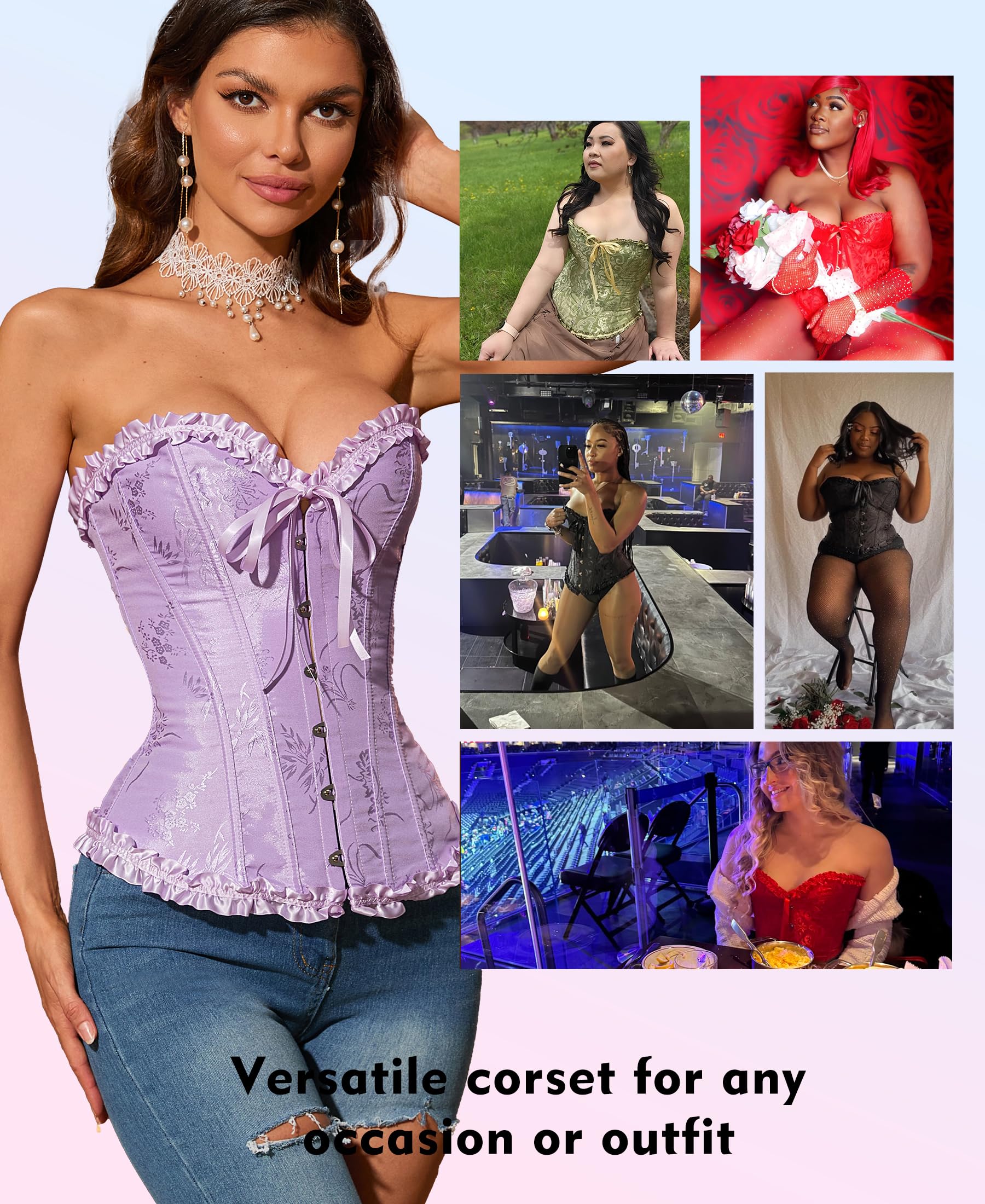 SZIVYSHI Corset Tops for Women, Bustier Shapewear Lingerie, Lace Waist Push Up Bodysuit: X-Small Lavender Frost Purple