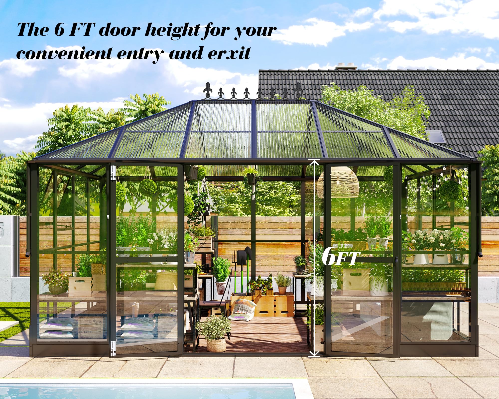 Jocisland 16x12x9.5 FT Polycarbonate Greenhouse- 6 FT Wall Height Outdoor Aluminum Greenhouses with 2 Ventilation and Rain Gutter, Double Doors with Hook, Walk-in Greenhouse for Backyard Garden: Unbroken Clear PC Panels+6mm PC Panels 14x9.5x9 FT