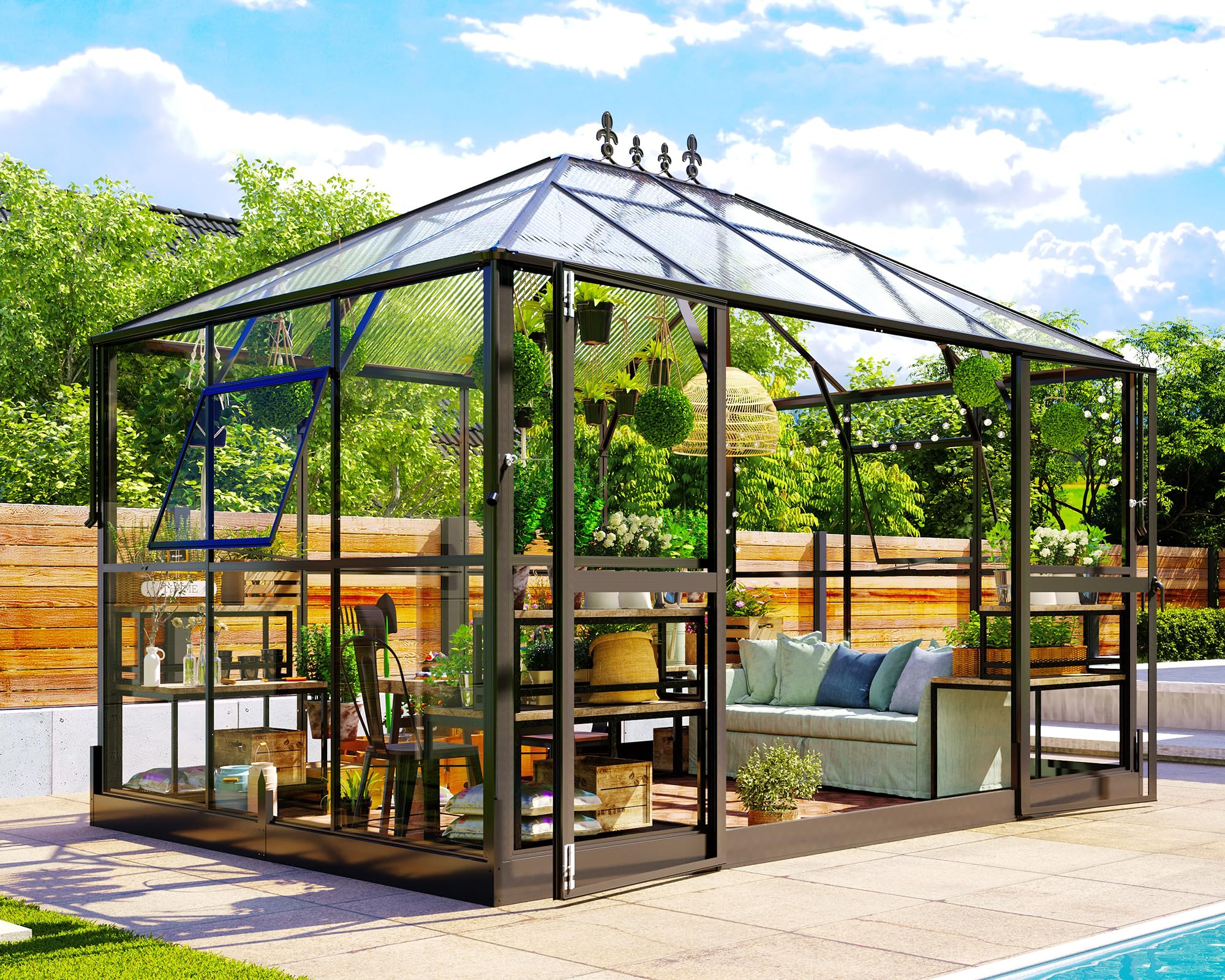 Jocisland 16x12x9.5 FT Polycarbonate Greenhouse- 6 FT Wall Height Outdoor Aluminum Greenhouses with 2 Ventilation and Rain Gutter, Double Doors with Hook, Walk-in Greenhouse for Backyard Garden: Jocisland 11x8.3x8.6 FT Polycarbonate Greenhouse with Clear Panels- 6 FT Wall Height Outdoor Aluminum Greenhouses with 2 Vents, Double Doors with Hook, Walk-in Greenhouse for Backyard Garden