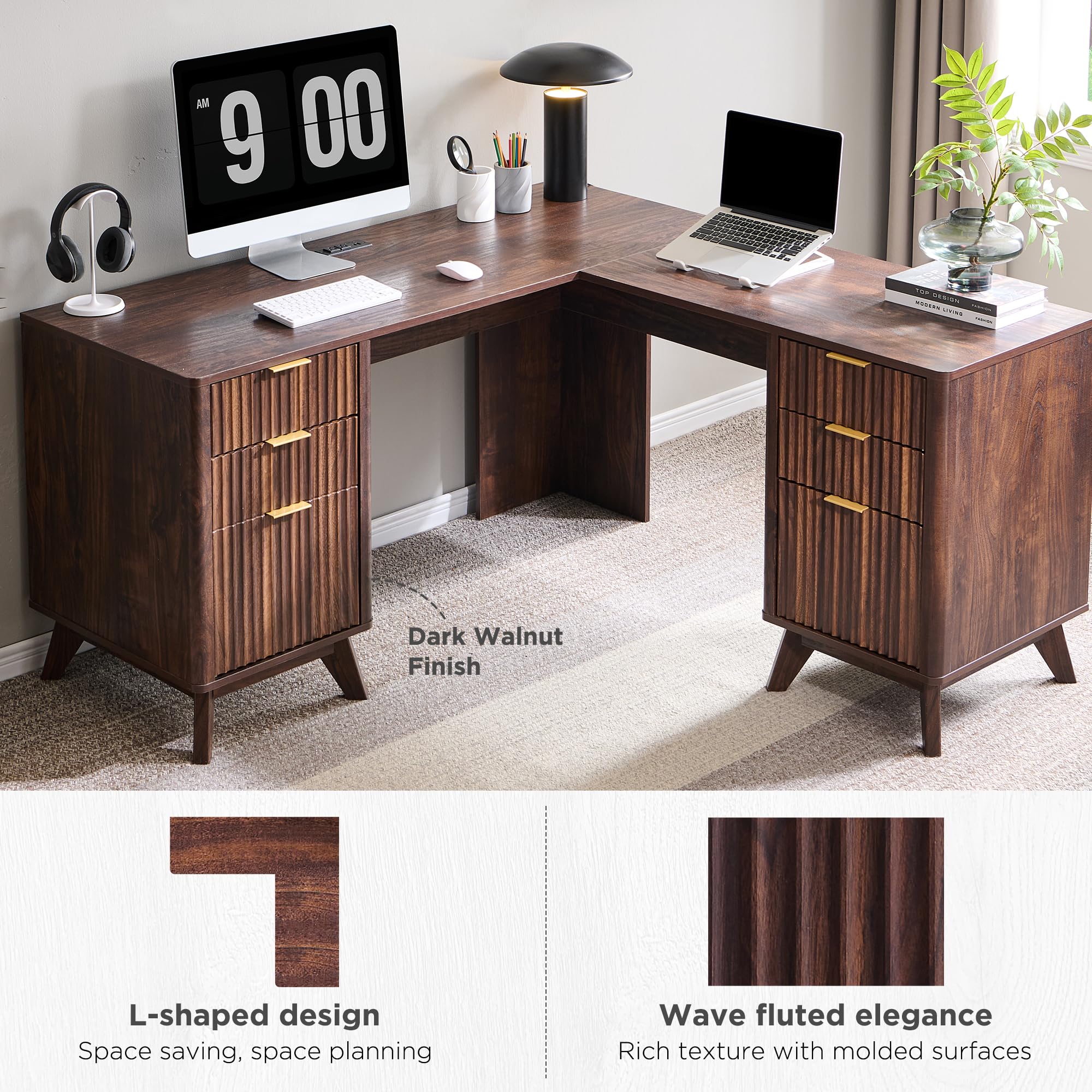 T4TREAM 60'' Fluted Executive L Shaped Desk, Modern Home Office Desk with Charging Station and File Drawer, Computer Corner Desks with Drawers & Storage Cabinet for Office Home, Bedroom, Natural Oak