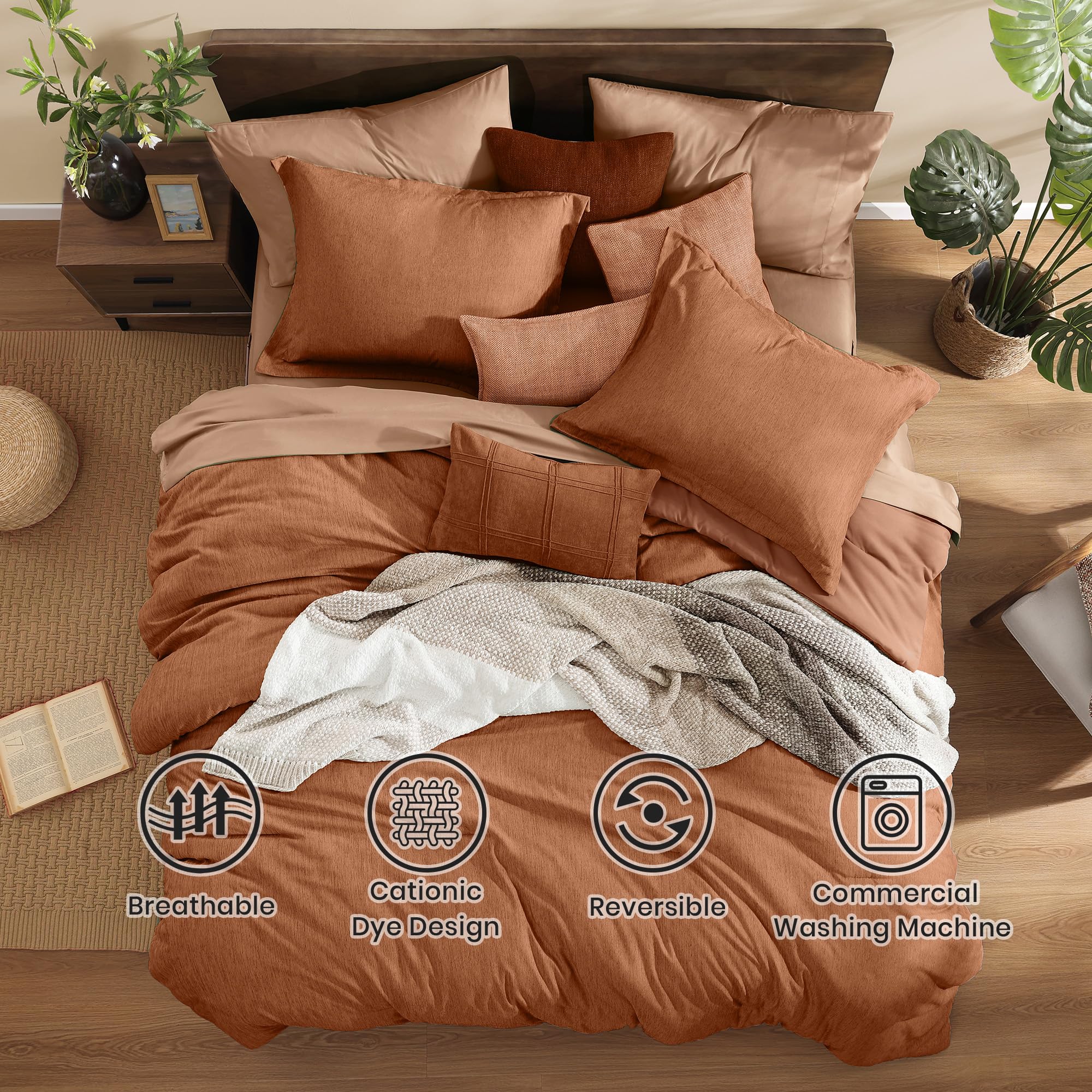 Monbix Queen Comforter Set - 7 Pieces Cationic Dyeing Olive Green Bed in a Bag Queen Bedding Sets with Comforter, Sheets, Pillowcases & Shams, Reversible Bedding Comforters Sets