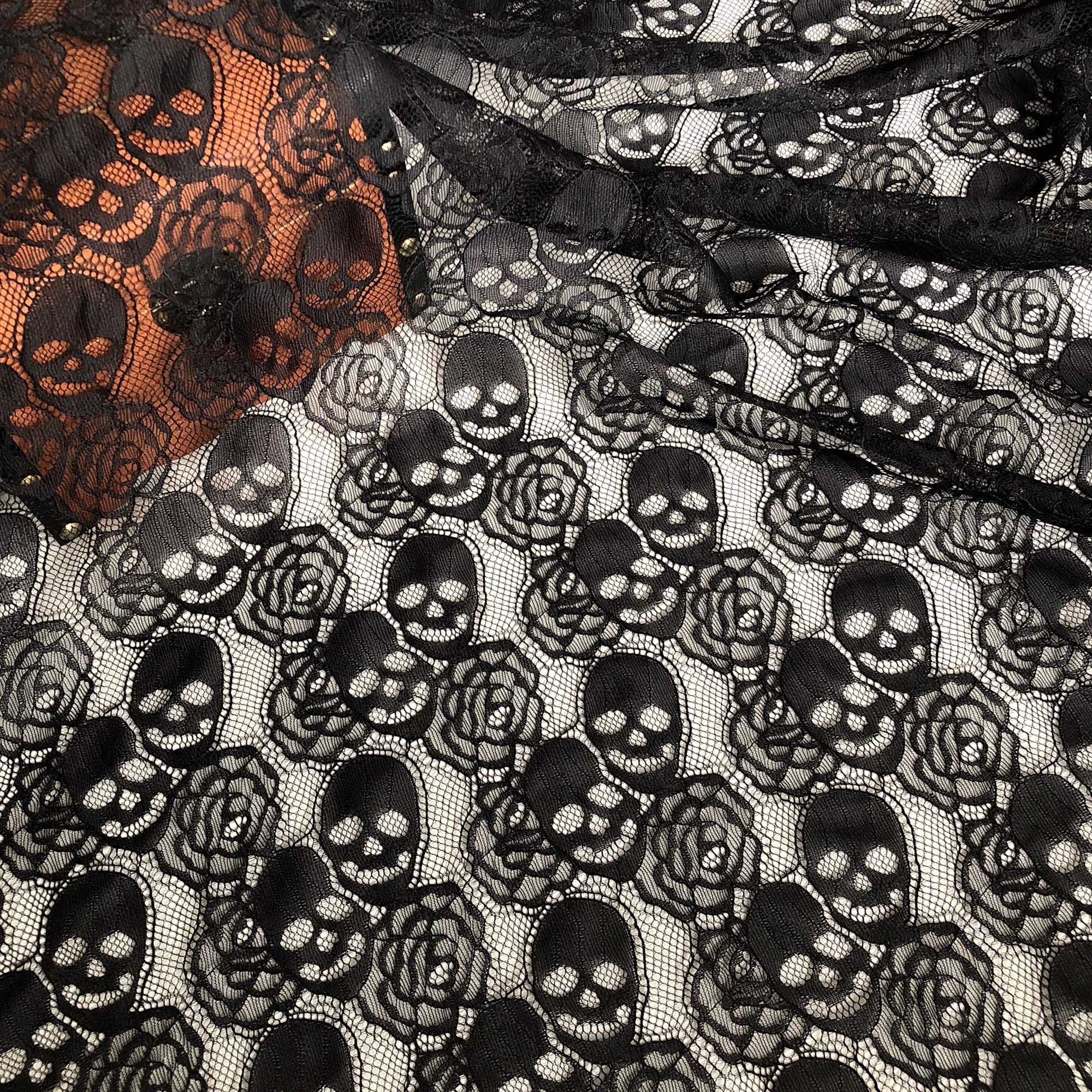 60 * 144 inches Lace Fabric, 4 Yard Black Skull Pettern Lace Fabric, 4 yd Non-Stretchy Lace, Soft Rose Design Lace Material for Home Decoration, Sewing Fabric Design (60x144 inch Black): Black 4 yards