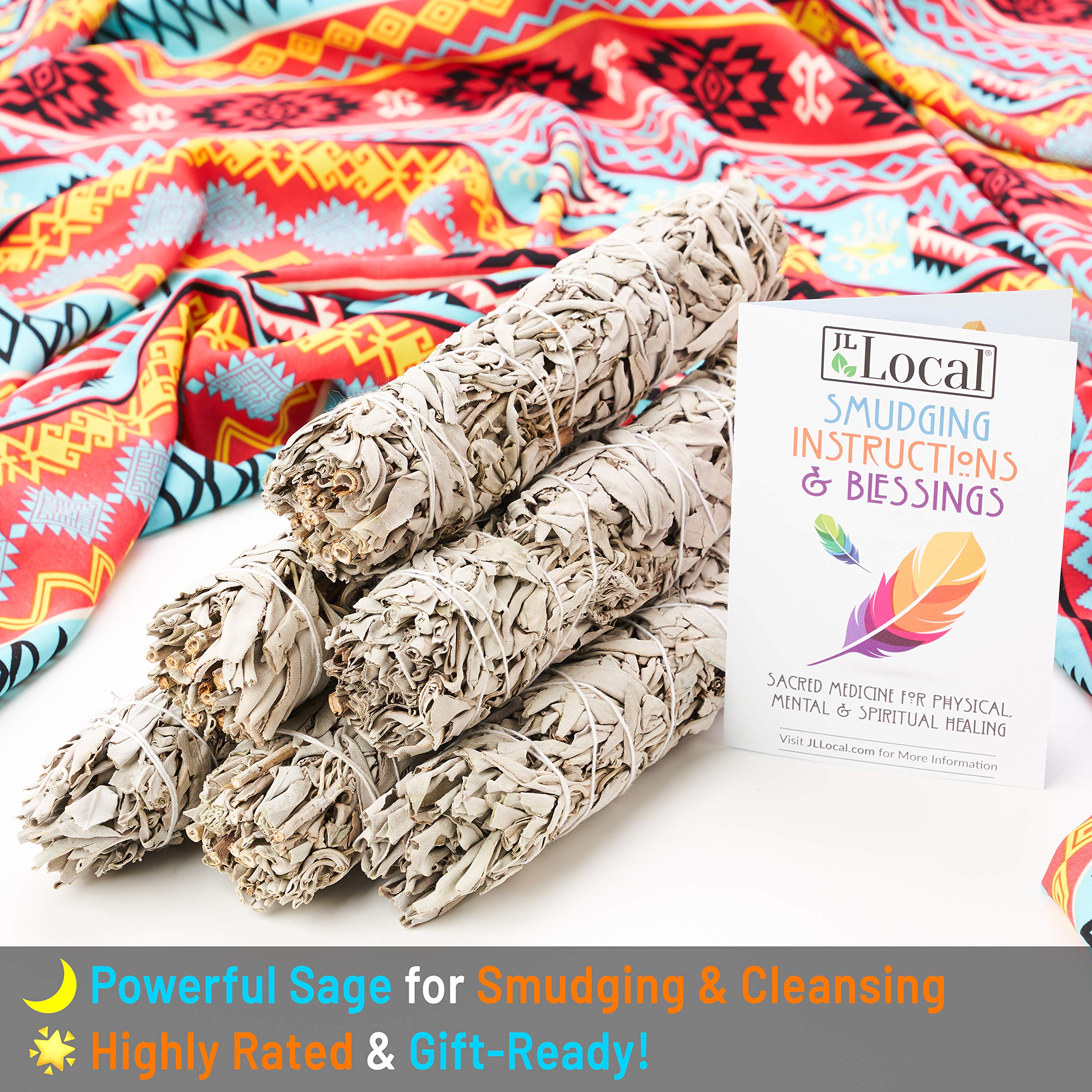 JL Local Wanderlust 9” White Sage Smudge Stick - Extra Large Smudging Wand Incense Stick for Cleansing, Purifying, Healing, Meditation, Yoga, Blessing (): 6 Pack