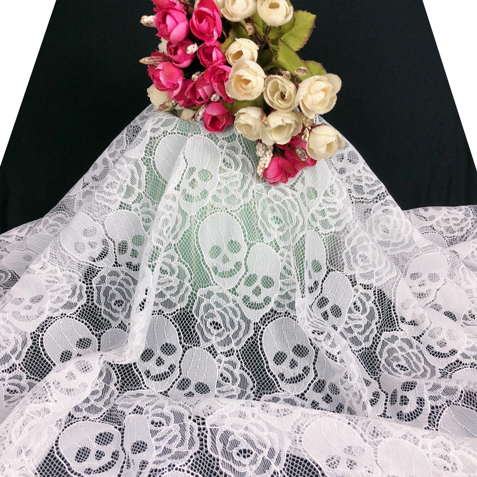 60 * 144 inches Lace Fabric, 4 Yard Black Skull Pettern Lace Fabric, 4 yd Non-Stretchy Lace, Soft Rose Design Lace Material for Home Decoration, Sewing Fabric Design (60x144 inch Black)