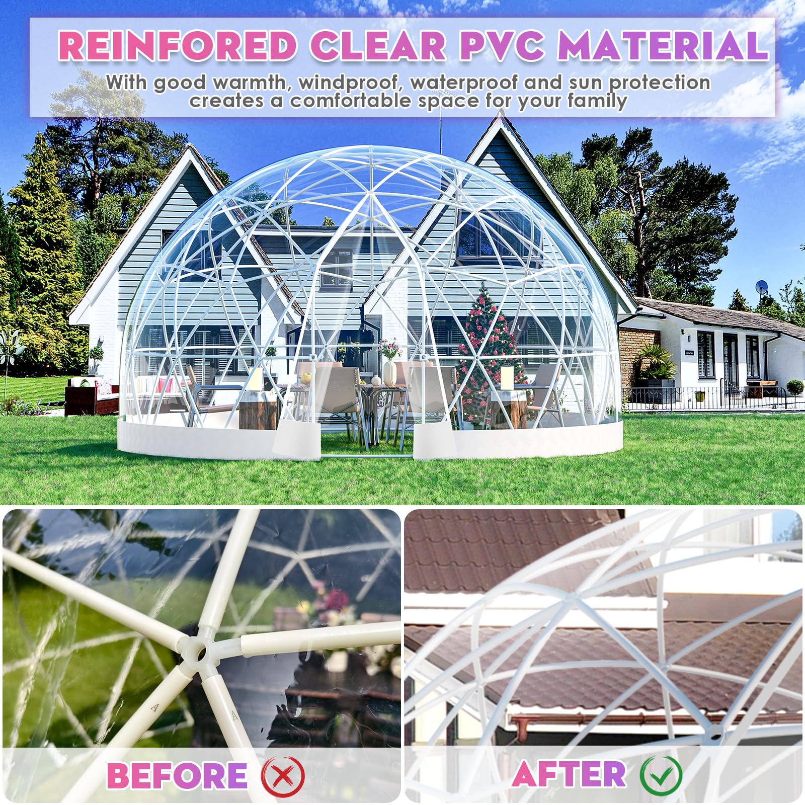 12FT Garden Dome lgloo, Geodesic Dome Greenhouse with PVC Clear Cover, Waterproof Garden Bubble Dome Tent House with 2 x 10M Light Strings for Outdoor, Patio, Backyard, Party (White, 12FT/3.6M): White Edge 12FT/3.6M