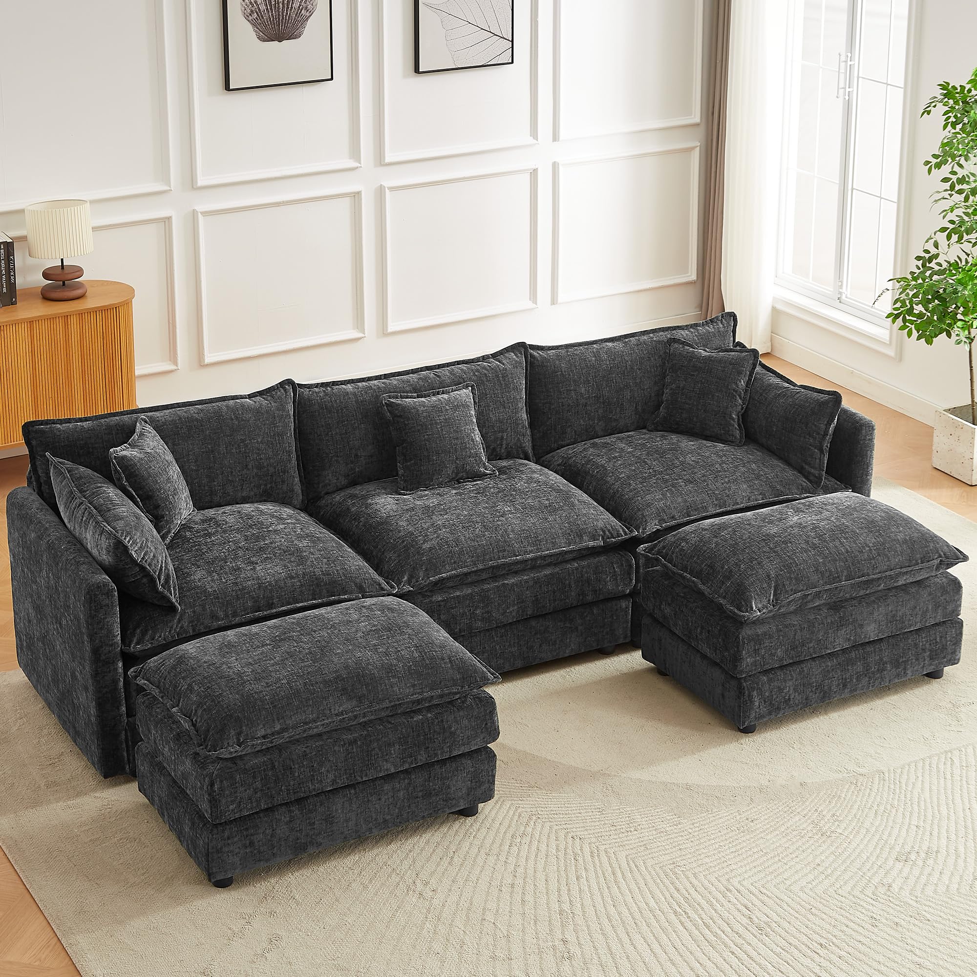 saows Modular Sectional Sofa, 112.2 Inch U Shaped Couch Set with Armrests, 3-Seater Comfy Cloud Couches with Movable Ottoman for Living Room Apartment, Grey: 112&apos;&apos; - U Shape Grey