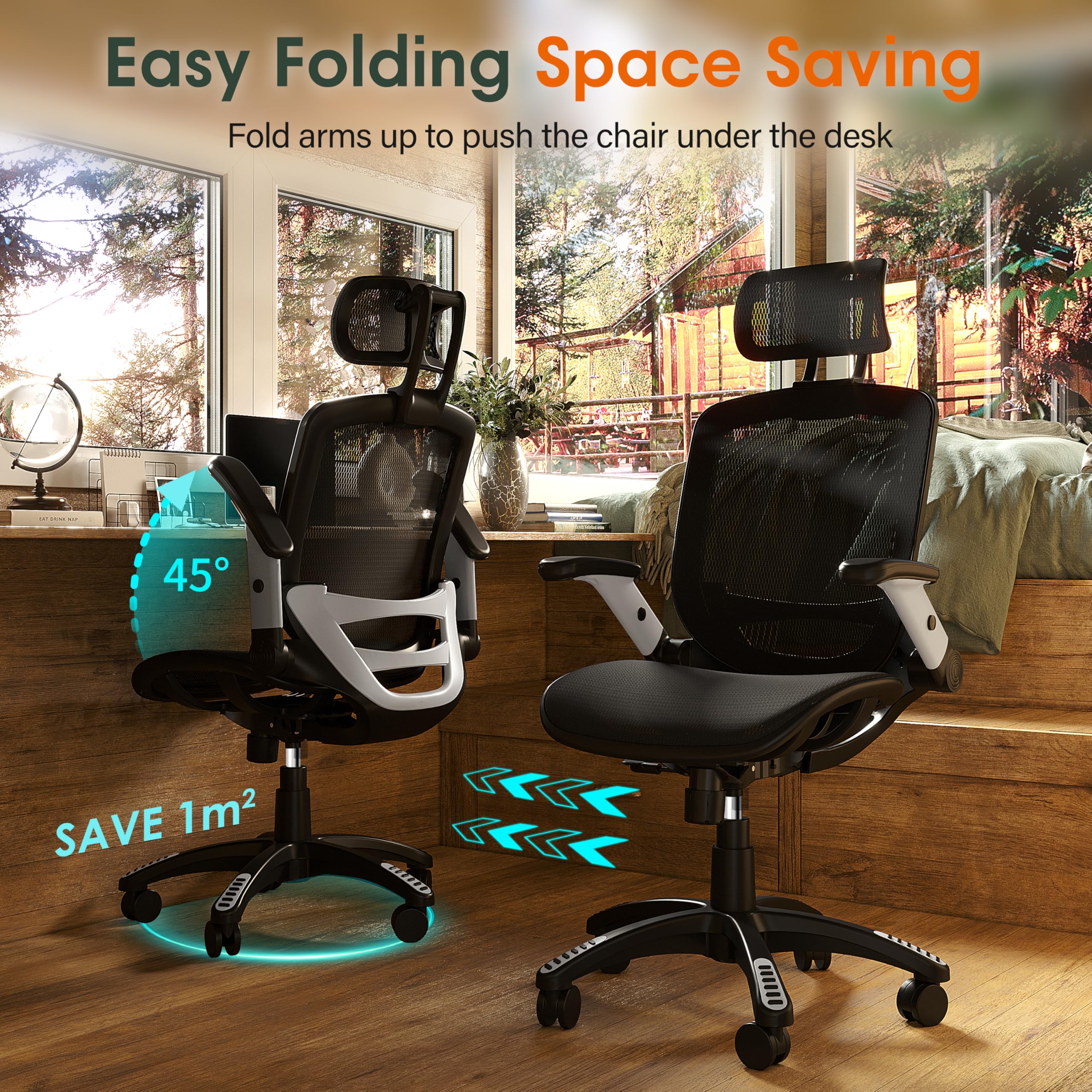 GABRYLLY Ergonomic Office Chair, High Back Home Desk Chair with Headrest, Flip-Up Arms, 90-120° Tilt Lock and Wide Cushion, Big and Tall Mesh Chairs for Man Woman, Black Task Chair: GABRYLLY Ergonomic Office Chair, High Back Home Desk Chair with Headrest, Flip-Up Arms, 90-120° Tilt Lock and Wide Cushion, Big and Tall Mesh Chairs for Man Woman, Black Task Chair