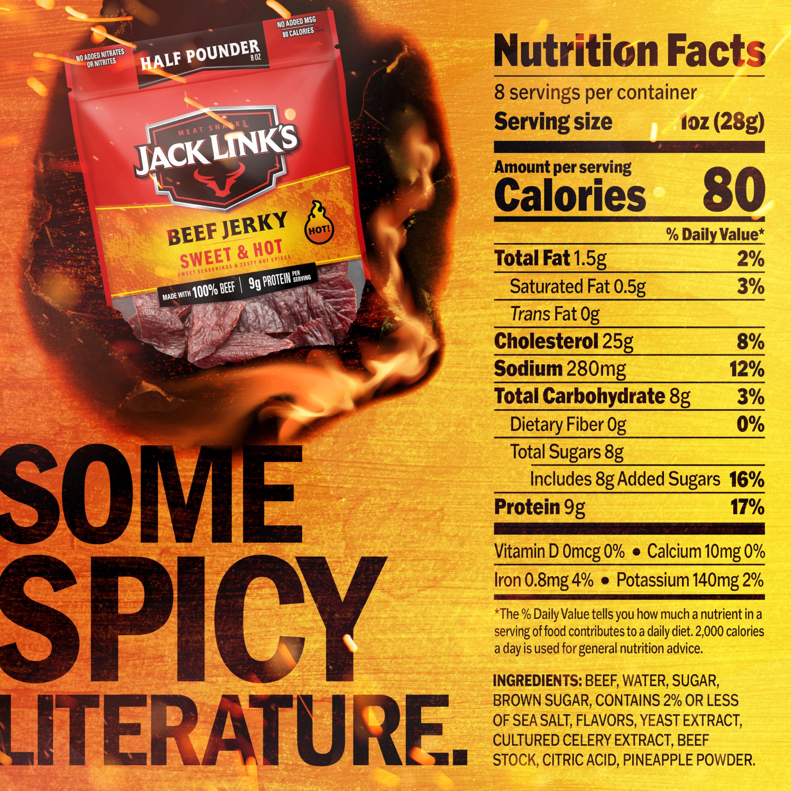 Jack Link's Beef Jerky, Teriyaki, Half Pounder Large Jerky Bag - Flavorful Meat Snack, Ready to Eat Protein Snacks with 11g of Protein per Serving, Made with 100% Beef: Sweet &amp; Hot 8 Ounce (Pack of 1)