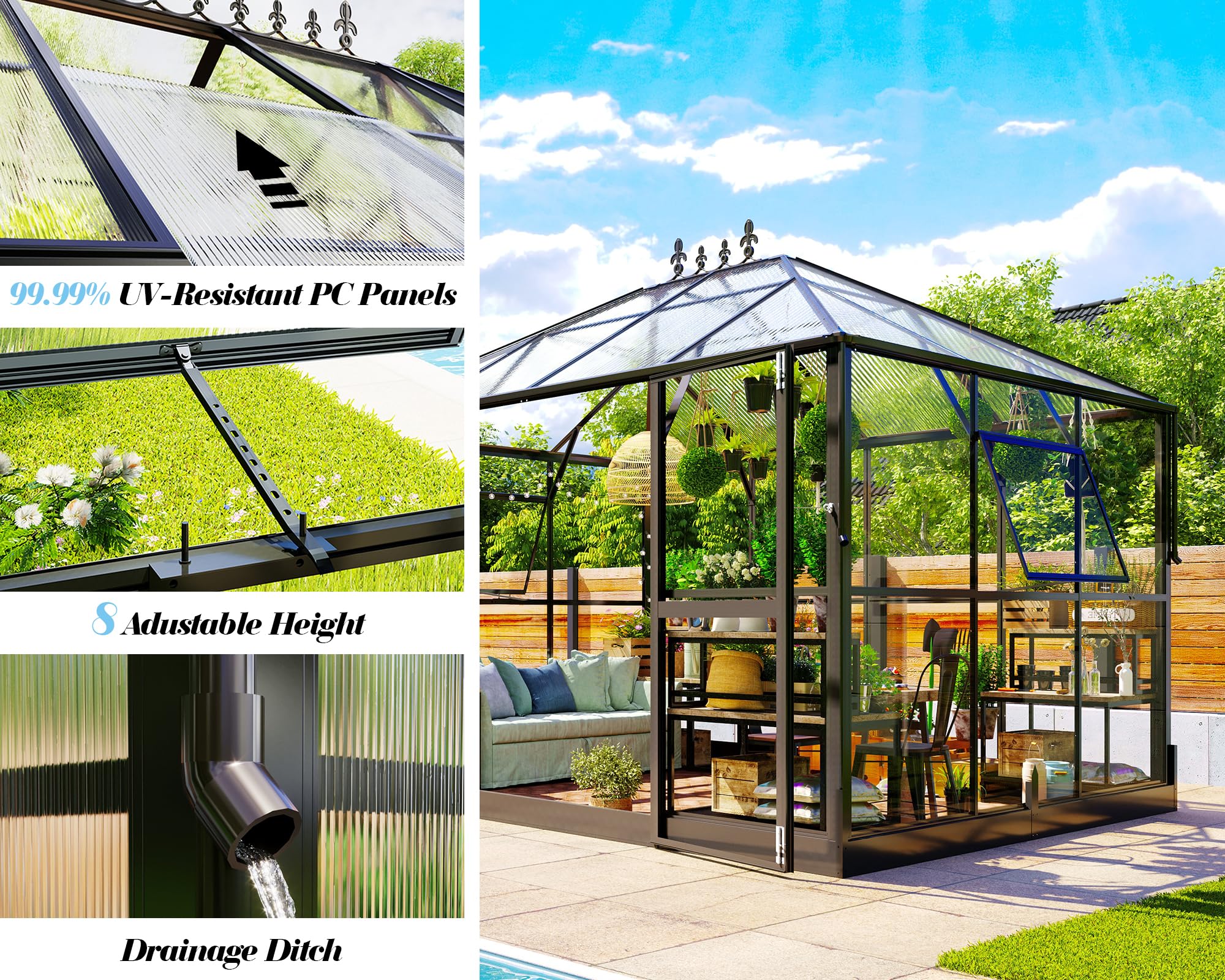 Jocisland 16x12x9.5 FT Polycarbonate Greenhouse- 6 FT Wall Height Outdoor Aluminum Greenhouses with 2 Ventilation and Rain Gutter, Double Doors with Hook, Walk-in Greenhouse for Backyard Garden: Jocisland 11x8.3x8.6 FT Polycarbonate Greenhouse with Clear Panels- 6 FT Wall Height Outdoor Aluminum Greenhouses with 2 Vents, Double Doors with Hook, Walk-in Greenhouse for Backyard Garden