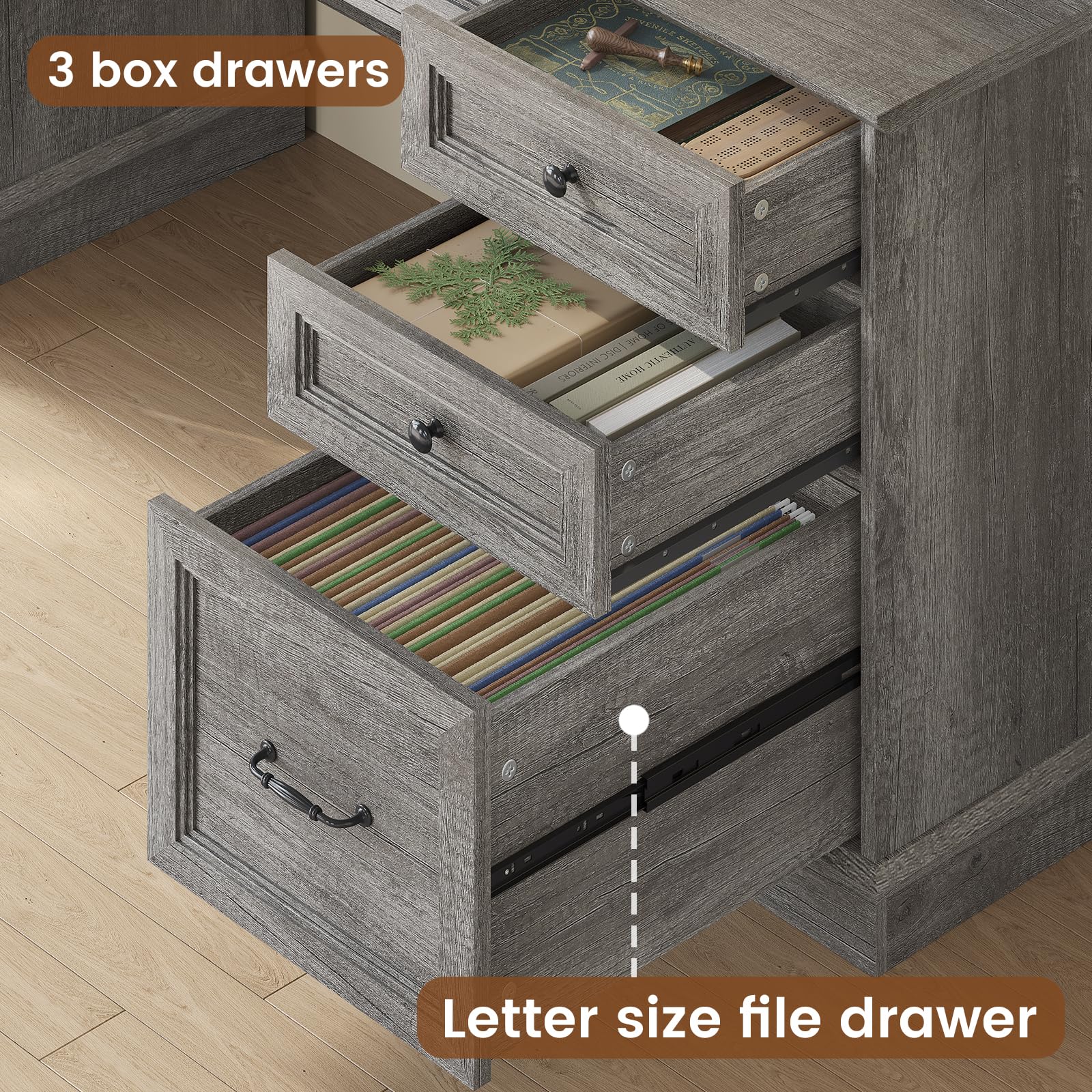 HAUOMS Farmhouse Executive Desk with Drawers Computer Desk with File Drawers, Power Outlet and Led Lights, Executive Office Desk with Storage Cabinet and Monitor Shelf for Home Office,