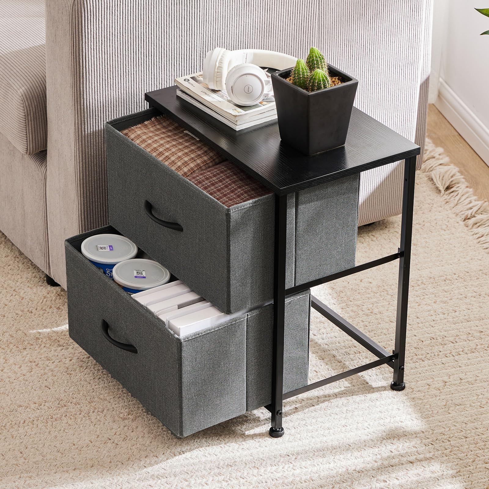 Sweetcrispy Nightstand Set of 2 with 2 Storage Drawers, 20" Height Small Bed Side Furniture End Table, Wooden Top Fabric Cabinet Kids Mini Dresser for Bedroom, Closet, Entryway, College Dorm thumbnail 2