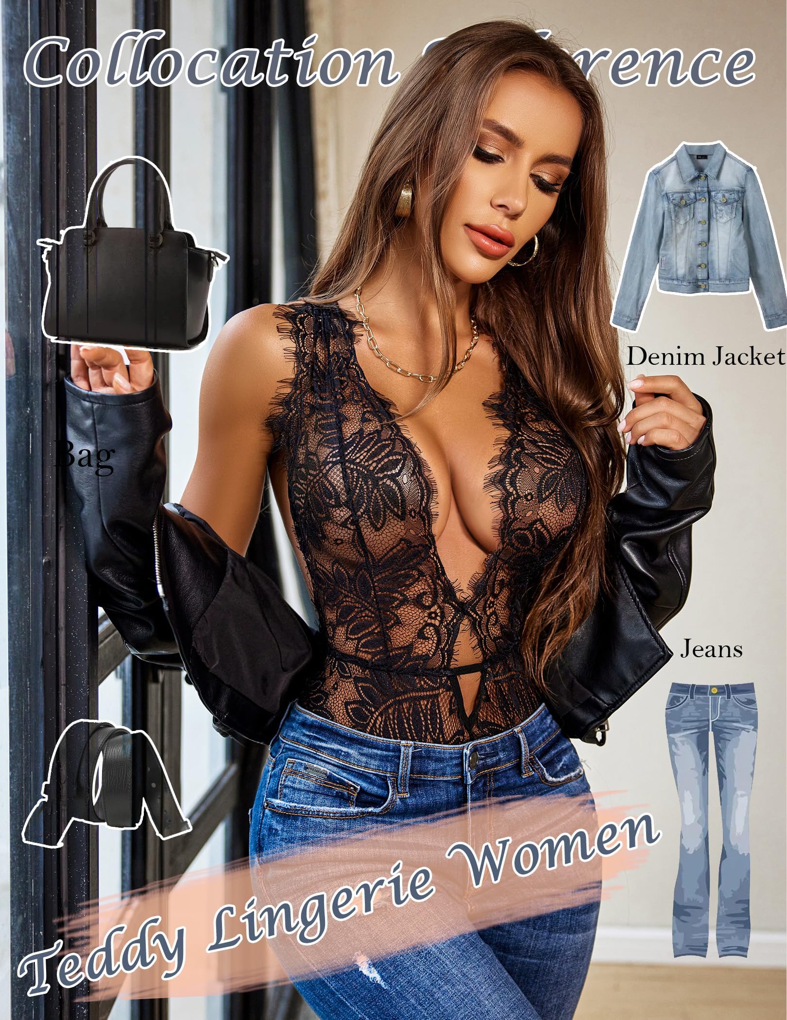 Avidlove Women One Piece Lingerie Lace Bodysuit Deep V Teddy Mini Babydoll: Medium 1-black