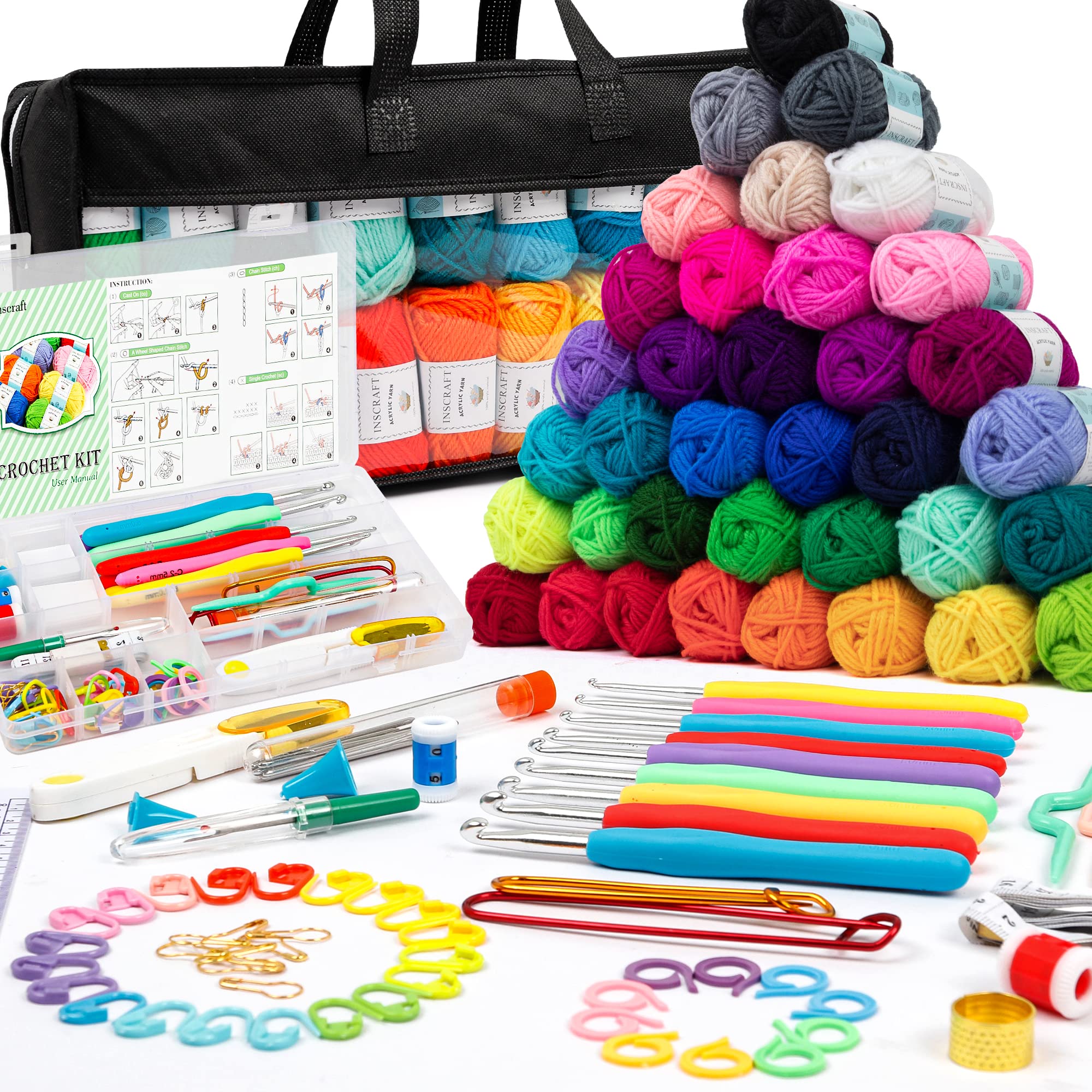 INSCRAFT  with Yarn Set– 1600 Yards Assorted Yarn for Knitting and Crochet, 73PCS Crochet Accessories Set Including Ergonomic Hooks, Knitting Needles & More Ideal Beginner Kit thumbnail 1