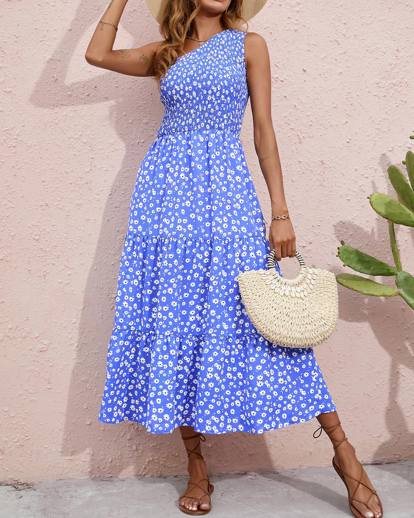 BTFBM 2025 Summer One Shoulder Dresses for Women Casual Sleeveless High Waist Floral Flowy Smocked Boho Beach Maxi Dress