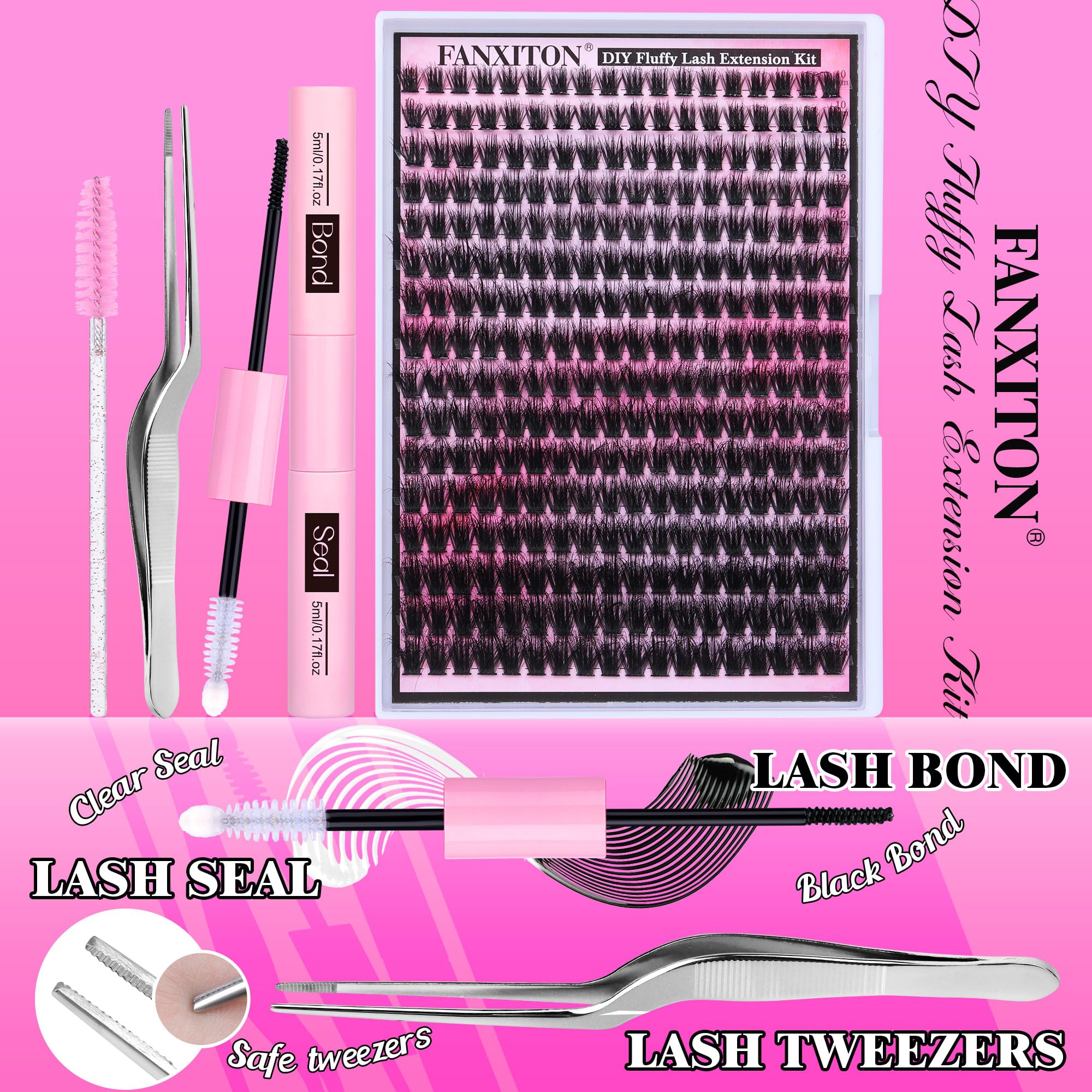 FANXITON DIY Lash Extension Kit Volume Lash Clusters 40D+50D D Curvature Individual Lashes Lash Clusters Kit Thick Eyelash Extension Kit 280 pcs Thin Band Cluster Lashes Lash Bond and Seal Tweezers: (HZ 01)DIY Lash Extension Kit-288pcs