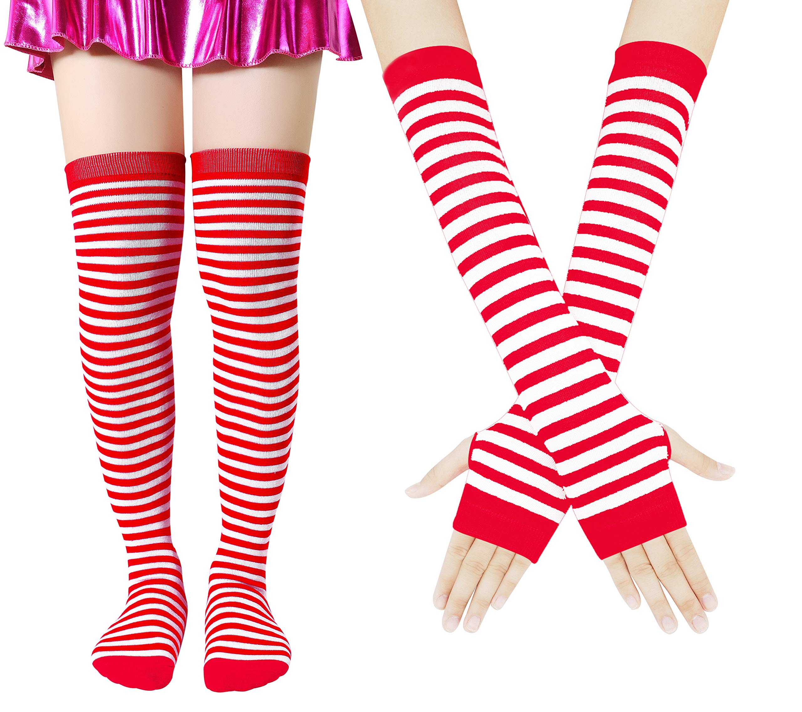 Bienvenu Womens Socks Striped Knee High Socks Arm Warmer Fingerless Gloves Set: Red White