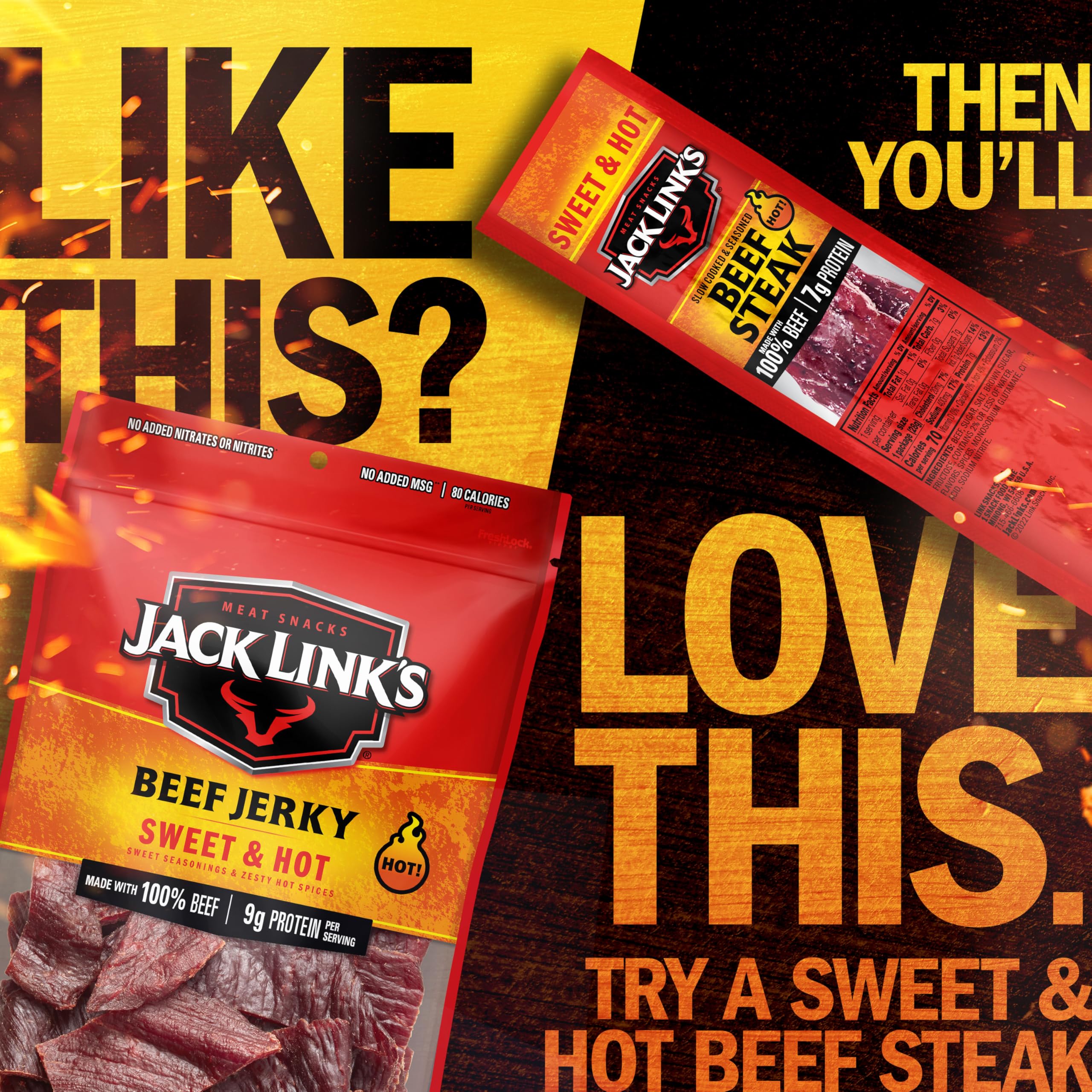 Jack Link's Beef Jerky, Teriyaki, Half Pounder Large Jerky Bag - Flavorful Meat Snack, Ready to Eat Protein Snacks with 11g of Protein per Serving, Made with 100% Beef: Sweet &amp; Hot 8 Ounce (Pack of 1)