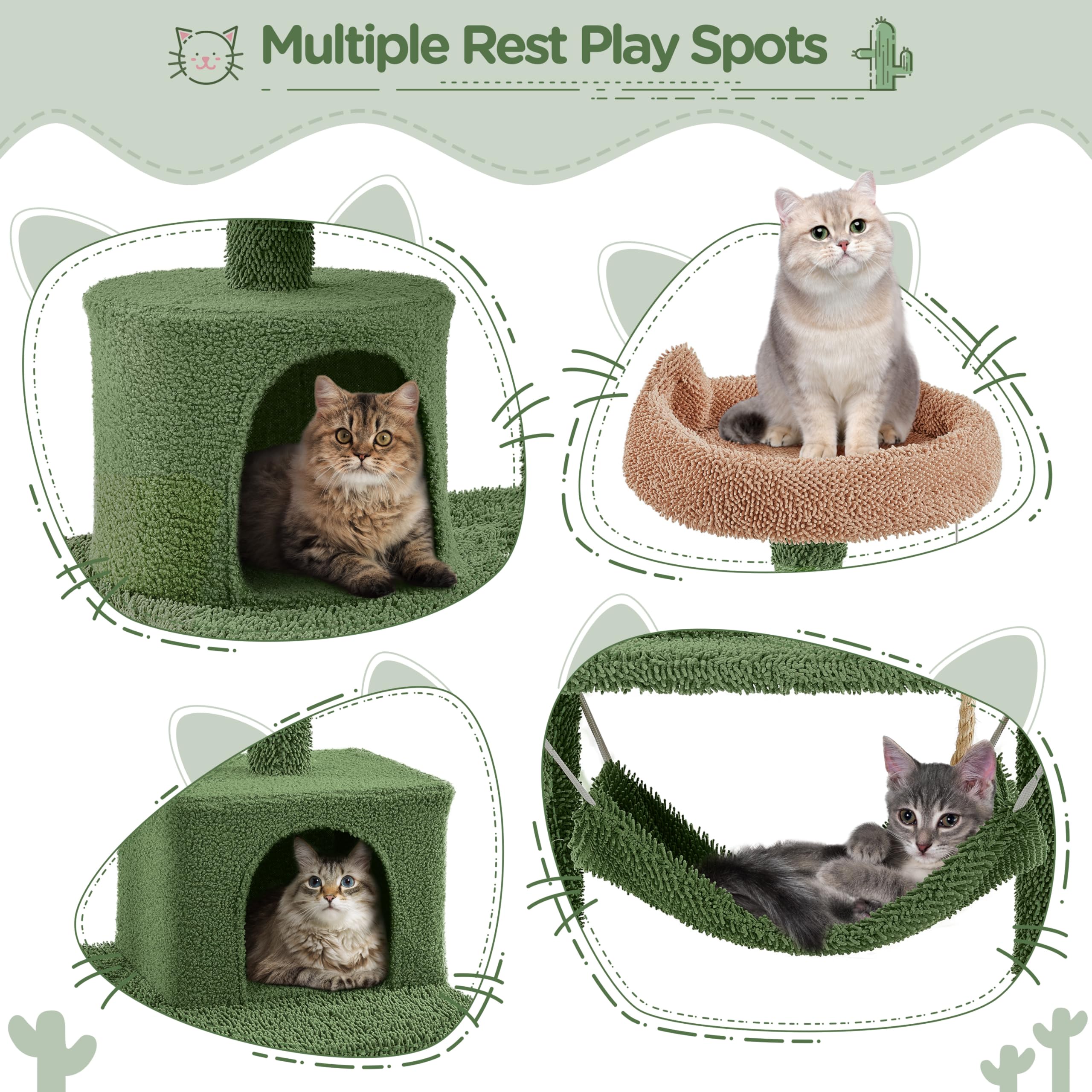 Yaheetech Cactus Cat Tree for Indoor Cats, 62in Cat Tower with Scratching Posts, Hammock & Dangling Ball, Multi-Level Condo Activity Center Furniture thumbnail 4