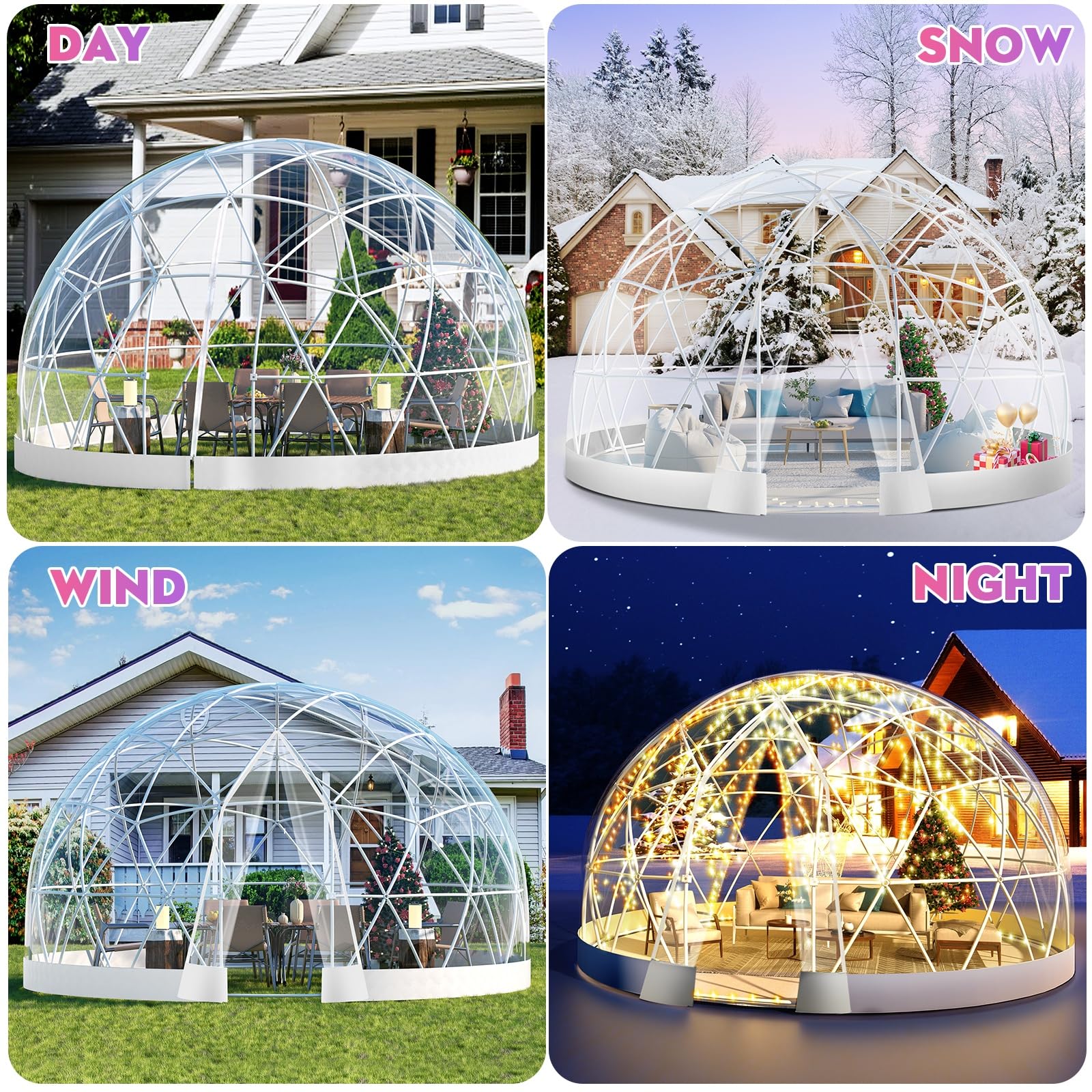 12FT Garden Dome lgloo, Geodesic Dome Greenhouse with PVC Clear Cover, Waterproof Garden Bubble Dome Tent House with 2 x 10M Light Strings for Outdoor, Patio, Backyard, Party (White, 12FT/3.6M)