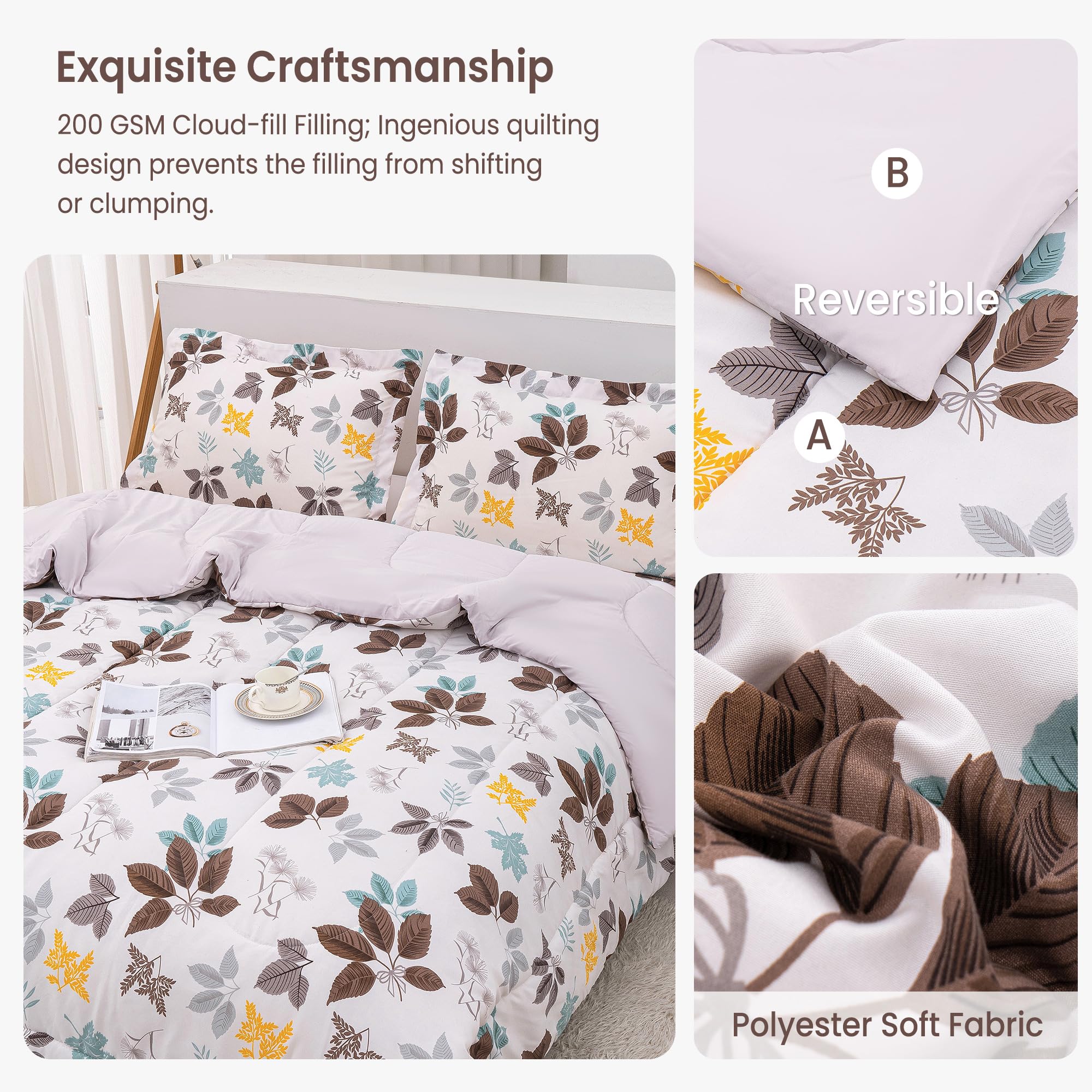 Mooreeke Floral Queen Size Comforter Sets, Lightweight Purple Lavender Botanical Printed Bedding for All Seasons, 3-Piece Vintage Bed in a Bag with Fluffy Quilted Reversible Comforter & 2 Pillow Shams