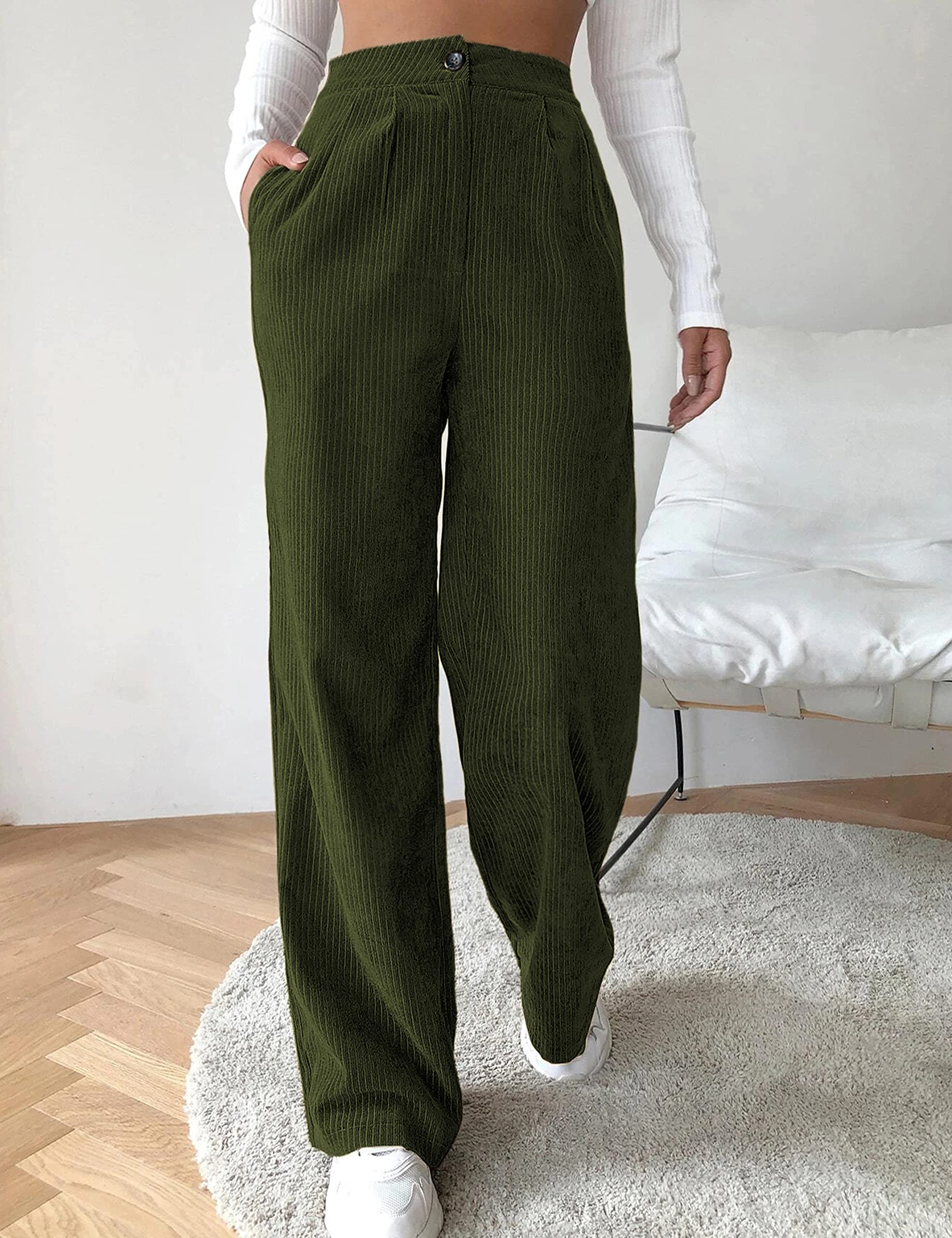 Himosyber Corduroy Pants for Women Casual Elastic High Waist Stretchy Wide Leg Pants Loose Fit Comfy Trousers with Pockets thumbnail 4