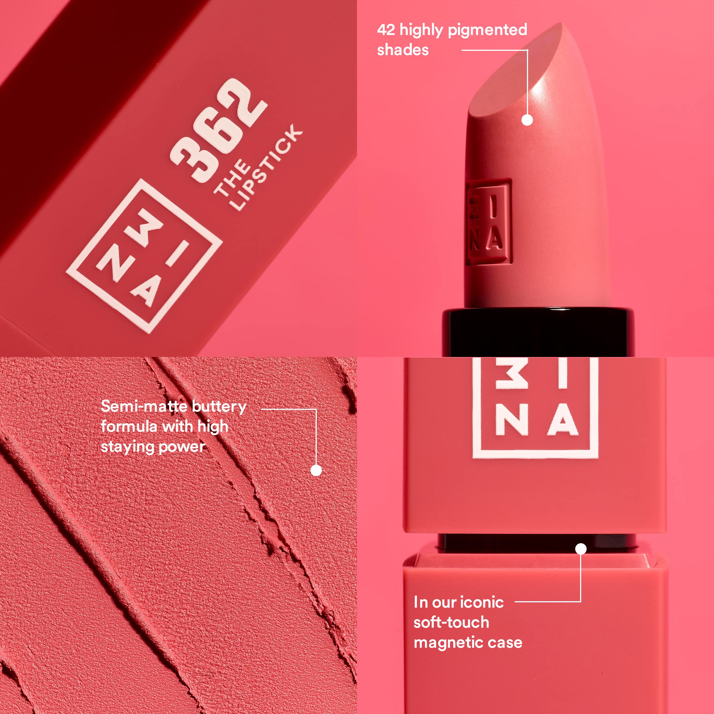 3INA The Lipstick - Moisturizing Lipstick for Women - Semi-Matte Satin Finish with 5-Hour Long Wear - Highly Pigmented and Comfortable - 250-0.16 oz: 250 - Dark Pink Red 0.16 Ounce (Pack of 1)
