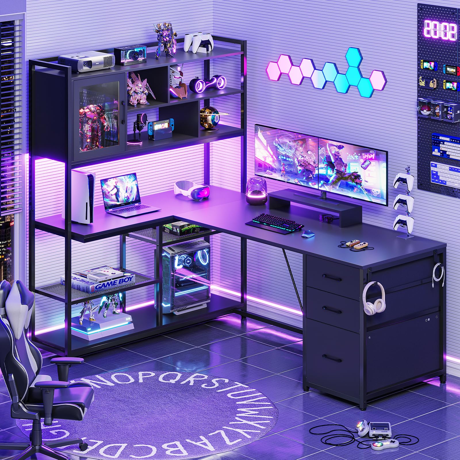 SEDETA L Shaped Computer Desk, 58'' Office Desk with 3 Drawers and Bookshelf, L Shaped Corner Desk with Storage Shelves and LED Light for Home Office, Gaming Desk, L Desk, Black