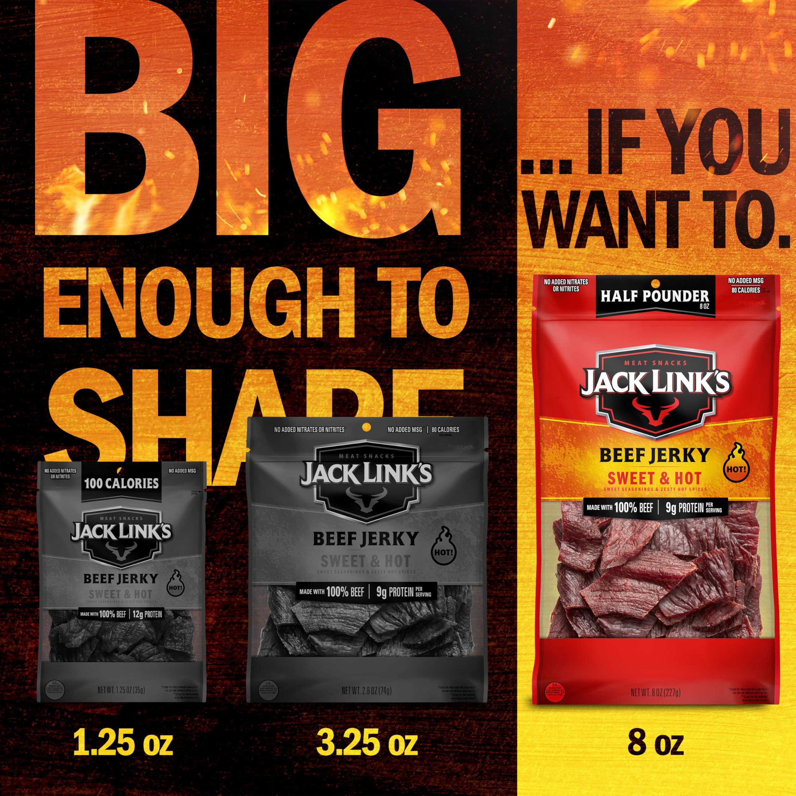 Jack Link's Beef Jerky, Teriyaki, Half Pounder Large Jerky Bag - Flavorful Meat Snack, Ready to Eat Protein Snacks with 11g of Protein per Serving, Made with 100% Beef: Sweet &amp; Hot 8 Ounce (Pack of 1)