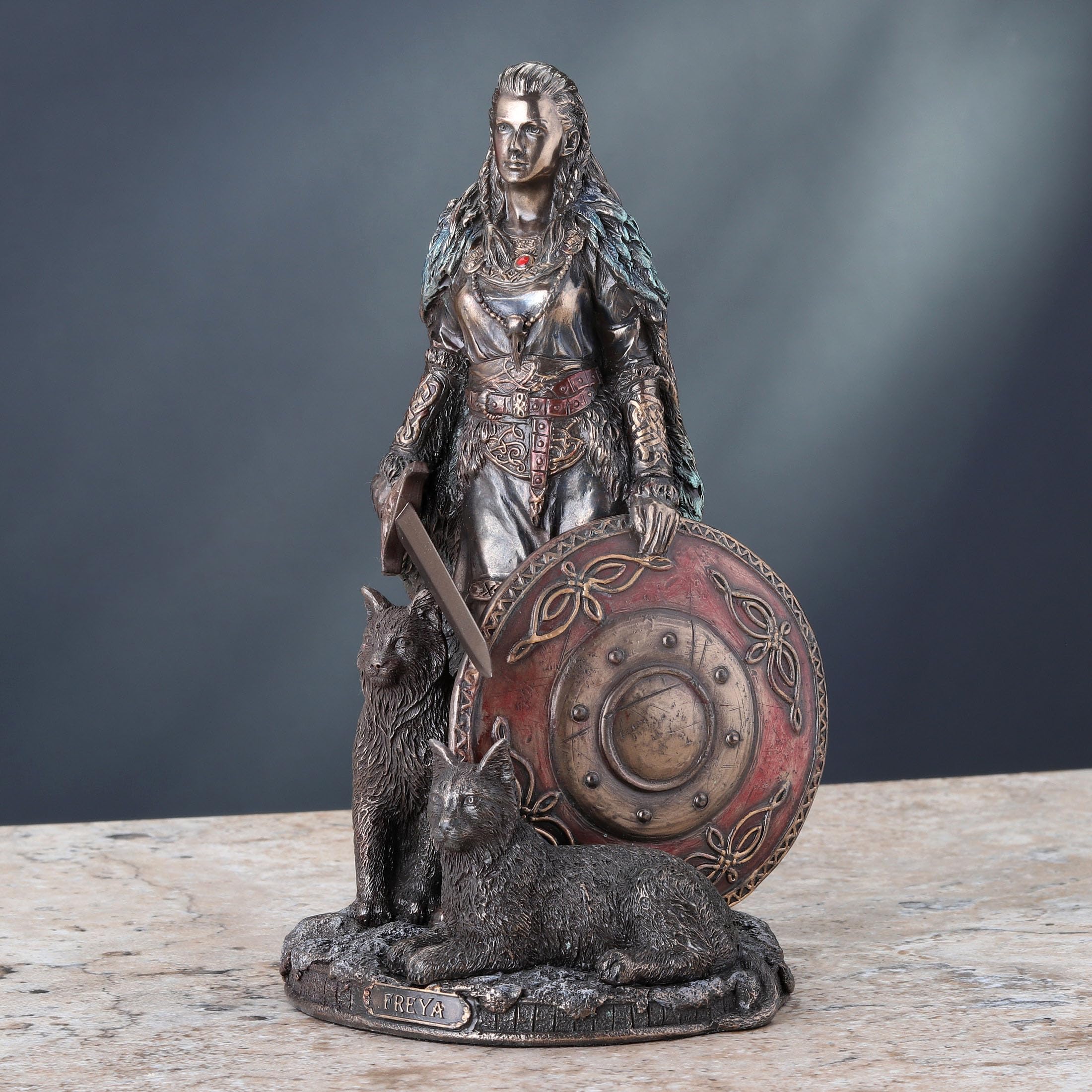 Veronese Design 8 1/4 Shield Maiden Freya Norse Goddess of Love Beauty and War Cold Cast Resin Sculpture Antique Bronze Finish Statue