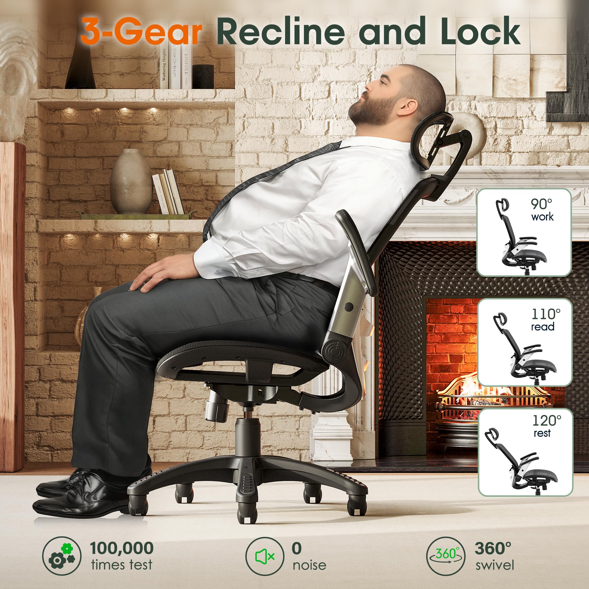 GABRYLLY Ergonomic Office Chair, High Back Home Desk Chair with Headrest, Flip-Up Arms, 90-120° Tilt Lock and Wide Cushion, Big and Tall Mesh Chairs for Man Woman, Black Task Chair: GABRYLLY Ergonomic Office Chair, High Back Home Desk Chair with Headrest, Flip-Up Arms, 90-120° Tilt Lock and Wide Cushion, Big and Tall Mesh Chairs for Man Woman, Black Task Chair