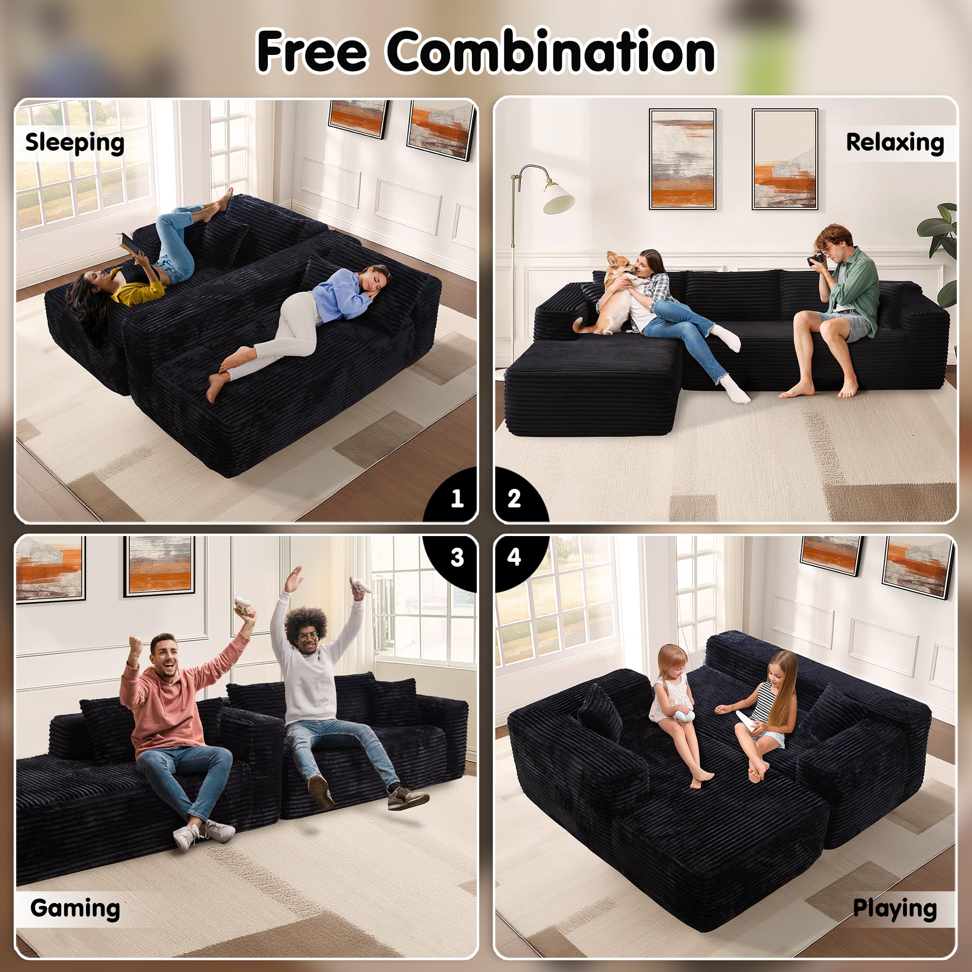 ovios 104" Cloud Sectional Couch with L-Shape Chaise,Modern Modular Sofa with Deep Seat, Upholstered Couches for Living Room Bedroom,No Assembly Required, Green (Cloud Velvet): Black (Plush Corduroy Fabric) L Shape with Left Facing Chaise
