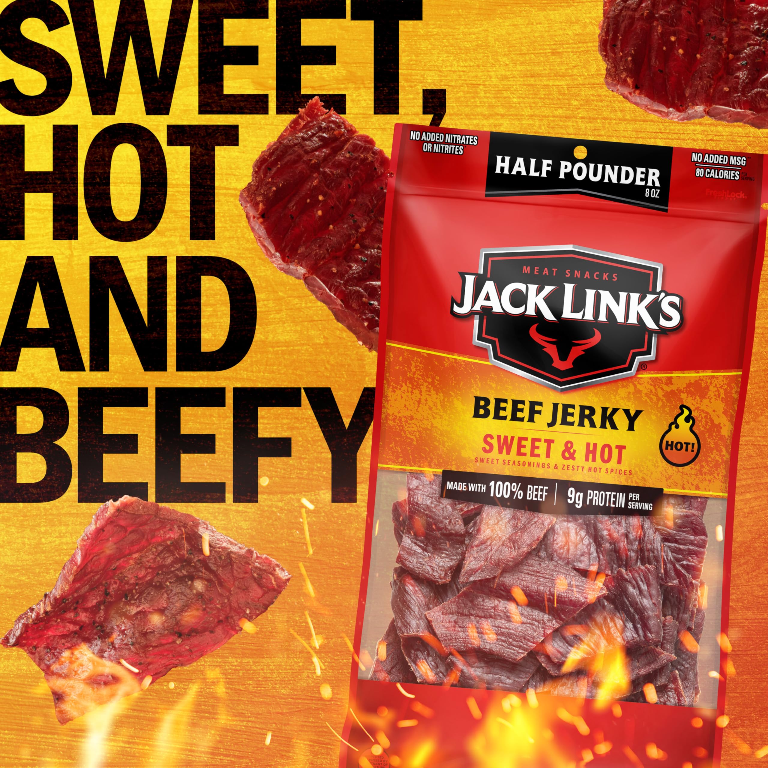 Jack Link's Beef Jerky, Teriyaki, Half Pounder Large Jerky Bag - Flavorful Meat Snack, Ready to Eat Protein Snacks with 11g of Protein per Serving, Made with 100% Beef: Sweet &amp; Hot 8 Ounce (Pack of 1)
