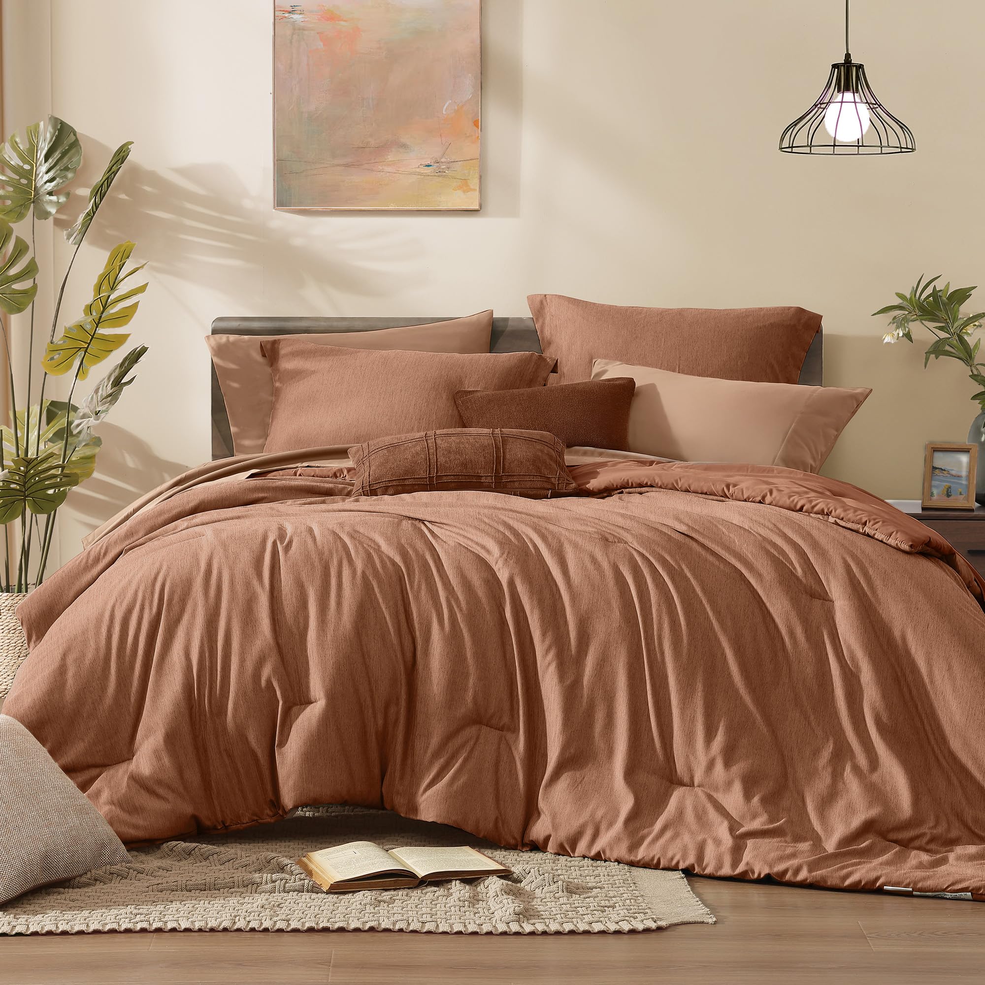Monbix Queen Comforter Set - 7 Pieces Cationic Dyeing Olive Green Bed in a Bag Queen Bedding Sets with Comforter, Sheets, Pillowcases & Shams, Reversible Bedding Comforters Sets