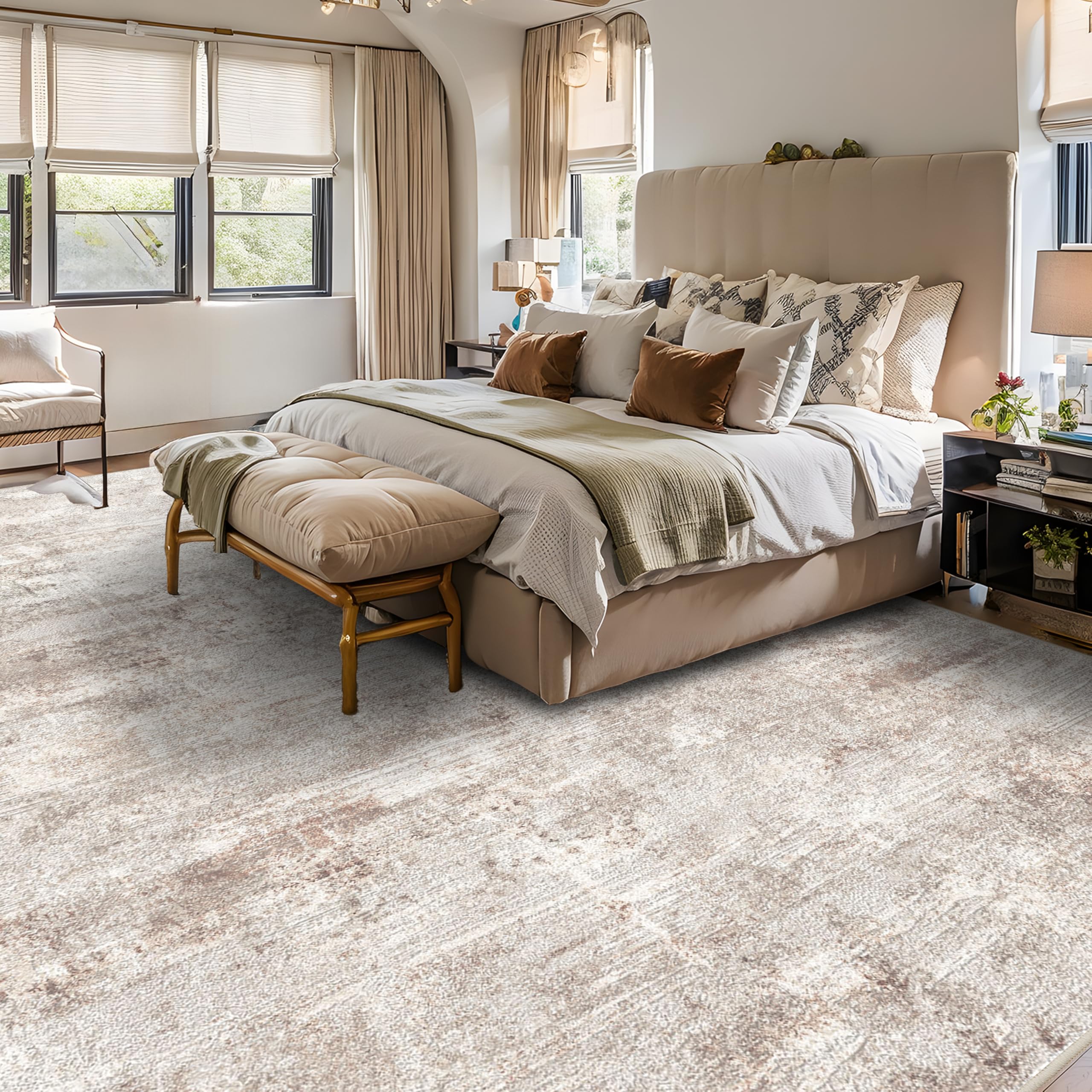 RUUGME 10X14 Abstract Area Rug:Large Washable Living Room Rug Indoor Non Slip Low Pile Carpet for Bedroom Soft Foldable Stain Resistant Distressed Thin Rug for Dining Room Kitchen 10X14 Brown Brown 10' x 14' (Rectangular): Brown 10&apos; x 14&apos; (Rectangular)