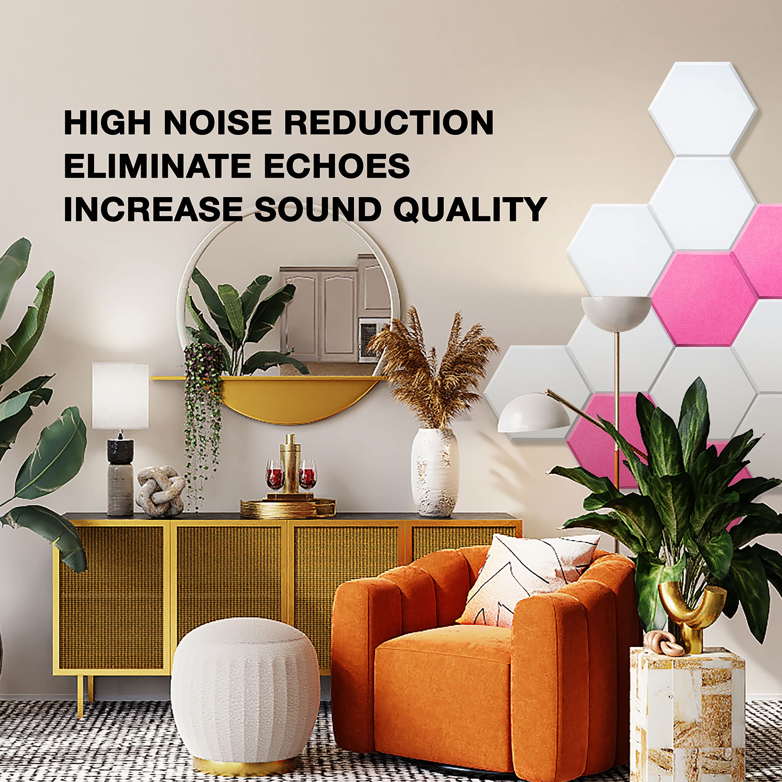Sonic Acoustics 12 Pack Hexagon Acoustic Panels, 14" X 12" X 0.4" High Density Sound Absorbing Panels Sound Proof Insulation Beveled Edge Studio Treatment Tiles-Pink thumbnail 8