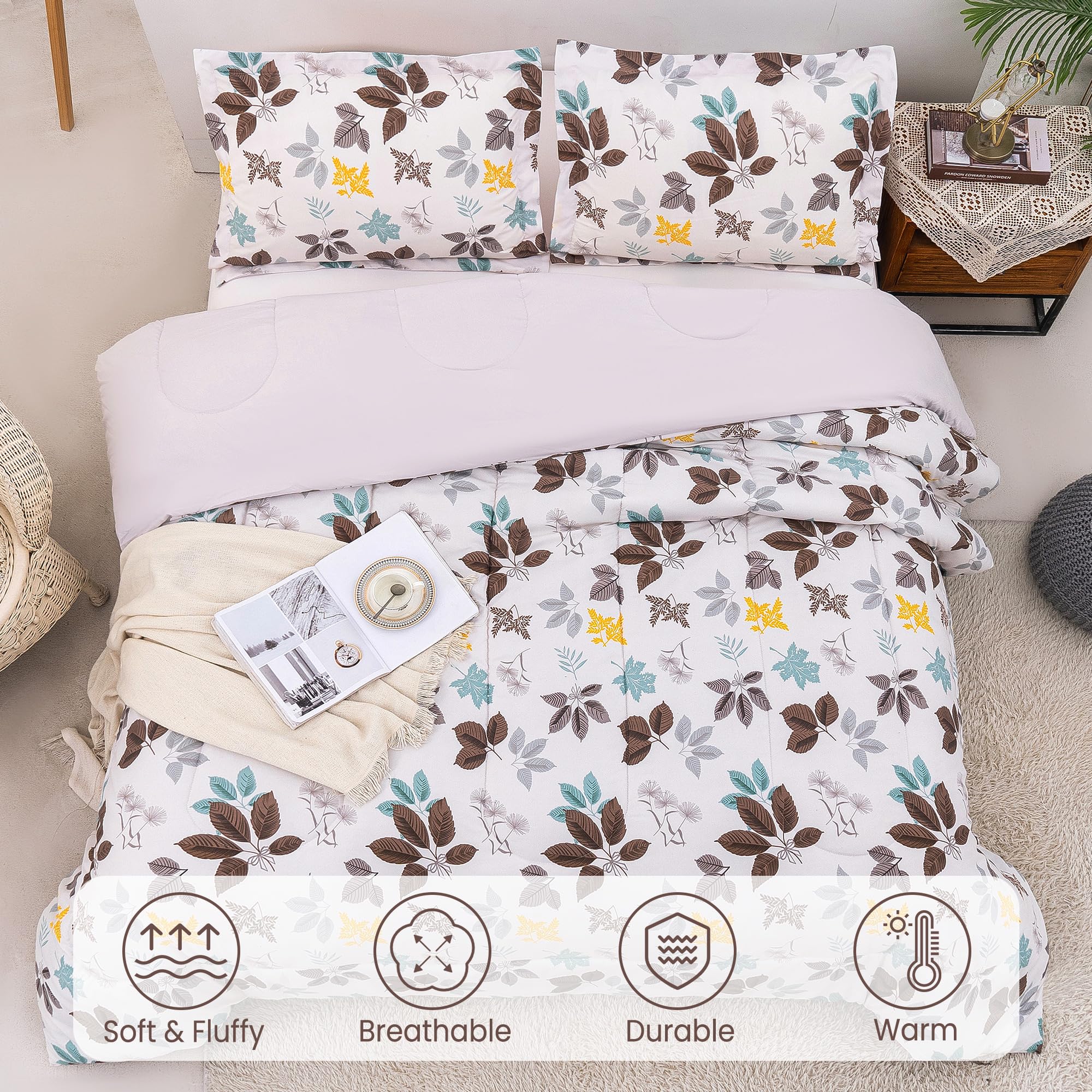 Mooreeke Floral Queen Size Comforter Sets, Lightweight Purple Lavender Botanical Printed Bedding for All Seasons, 3-Piece Vintage Bed in a Bag with Fluffy Quilted Reversible Comforter & 2 Pillow Shams