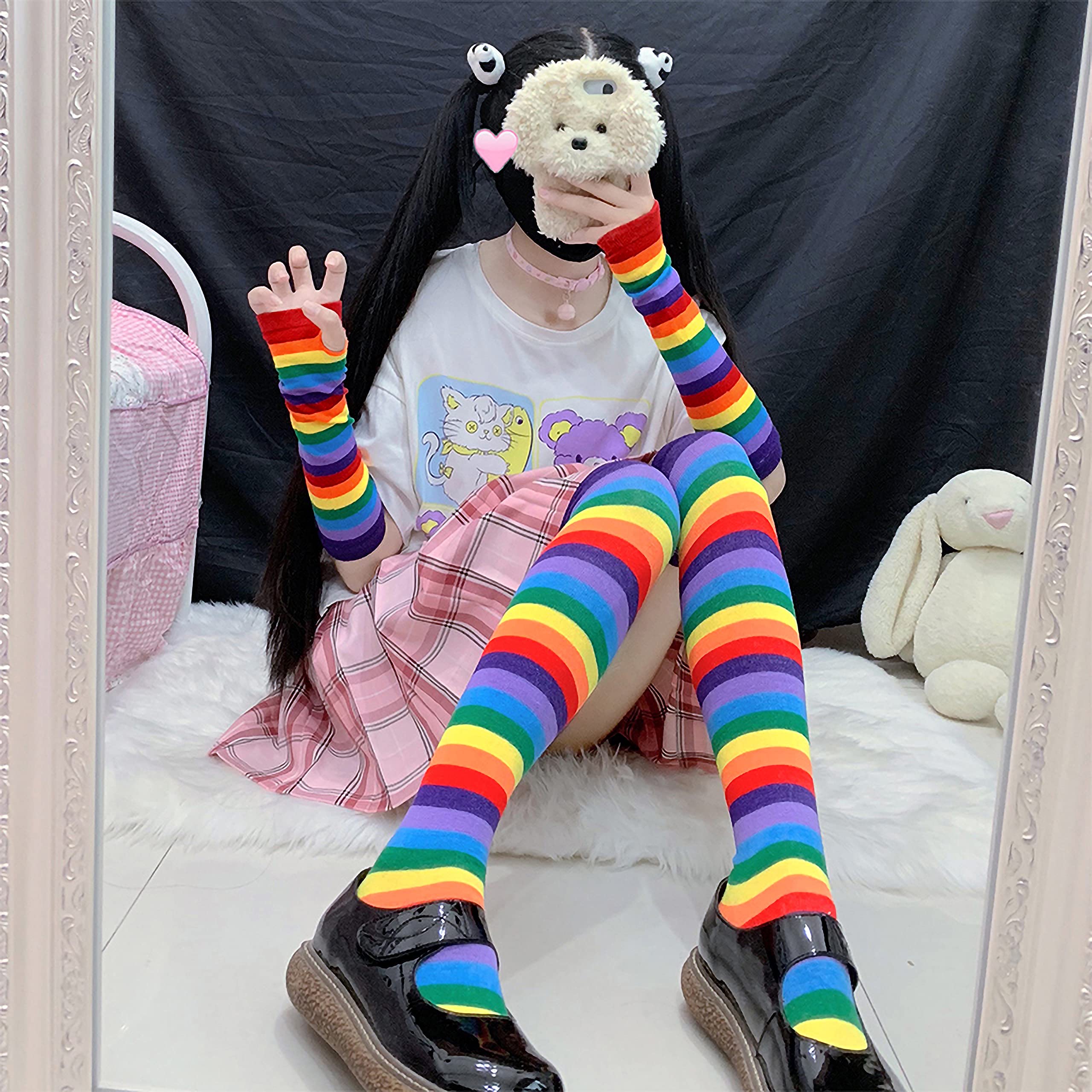 Bienvenu Womens Socks Striped Knee High Socks Arm Warmer Fingerless Gloves Set: Rainbow