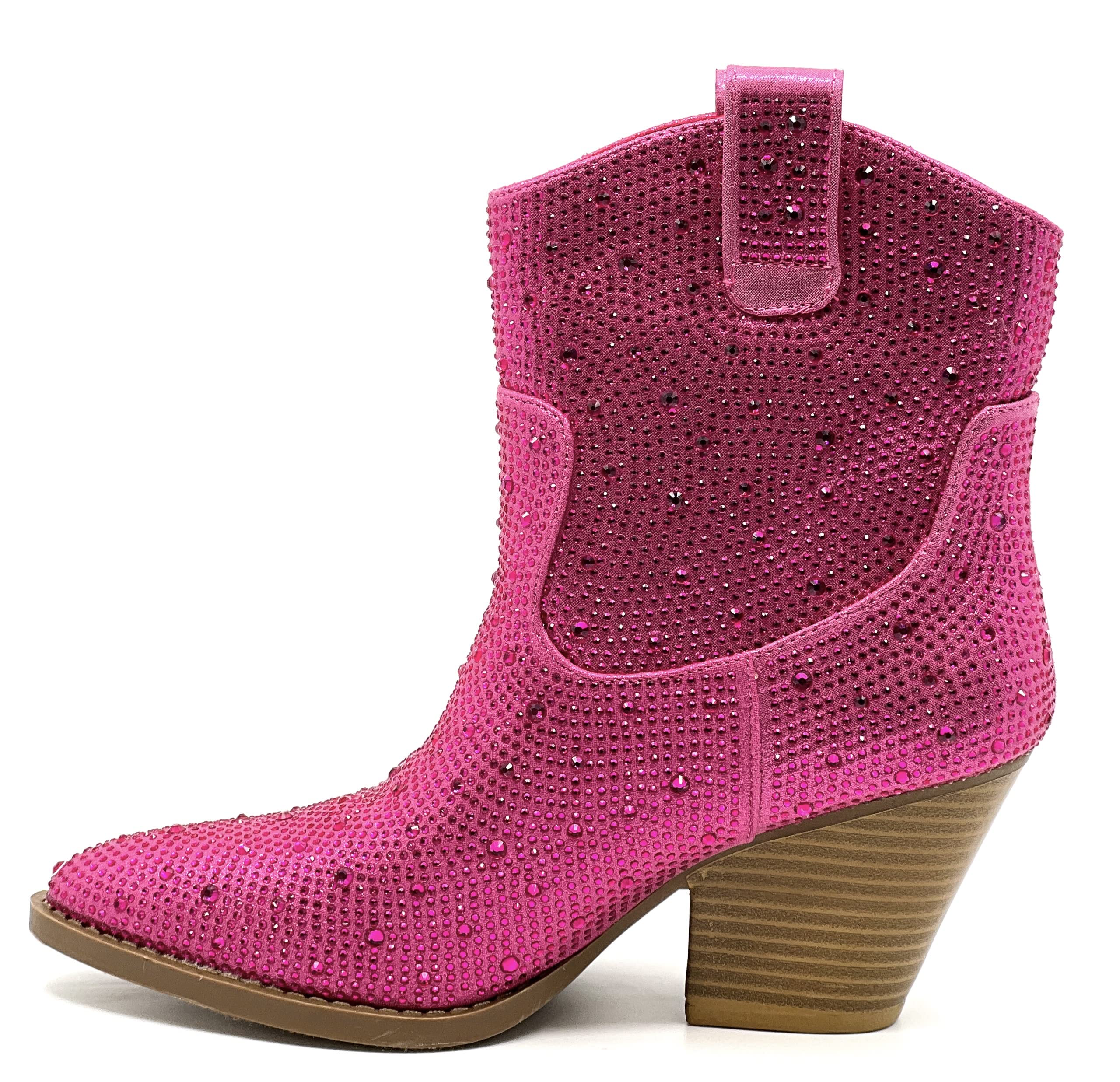 Women's Rhinestone Block Heel Mid Calf Short Ankle Booties Knee High Boots: 6 Fuchsia Rhinestone