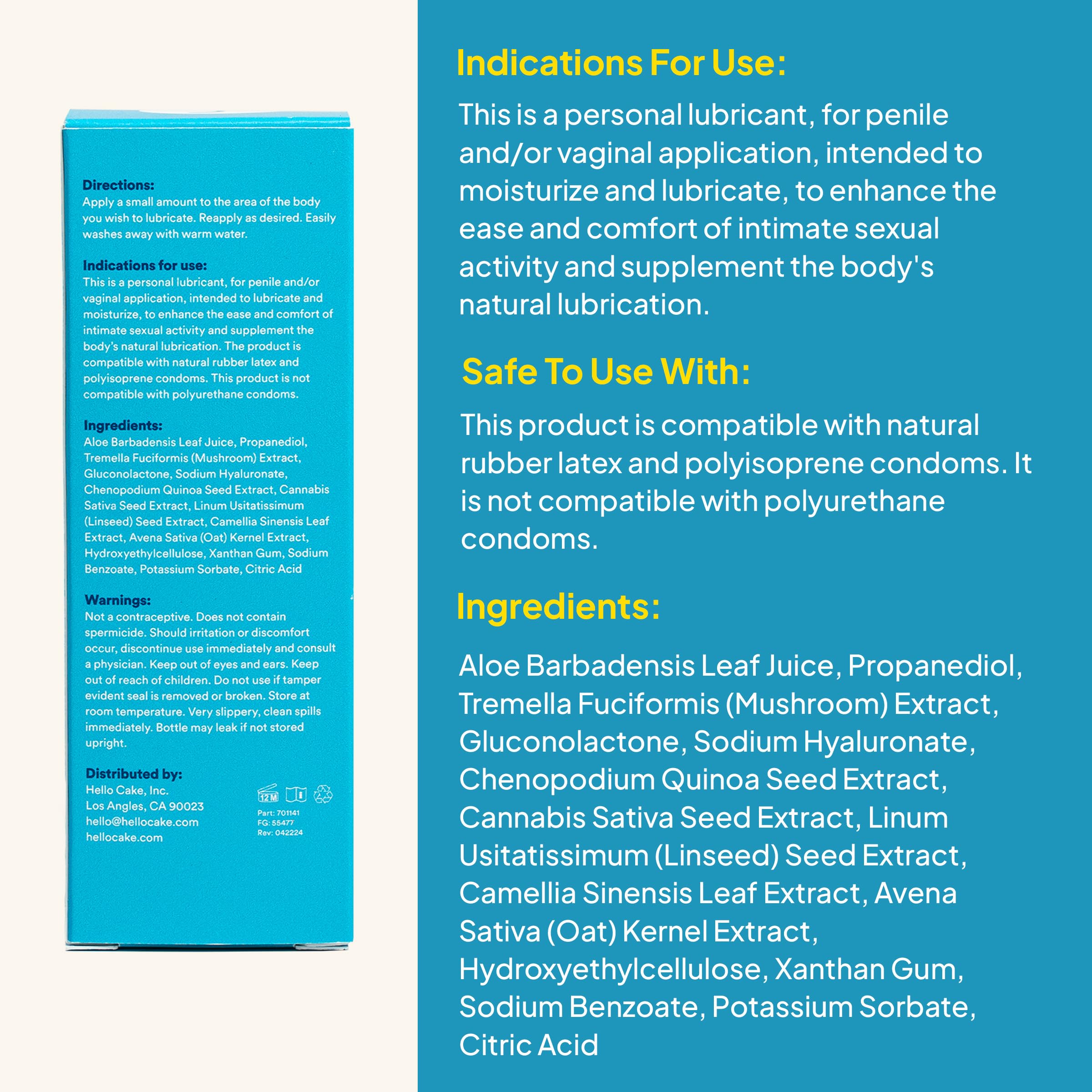 Hello Cake -Based Personal Lubricant - Hydrating, Long-Lasting, Non-Sticky, Ultra Slippery, Condom Compatible Lube for Men, Women, and Couples 3.3 fl oz: Natural