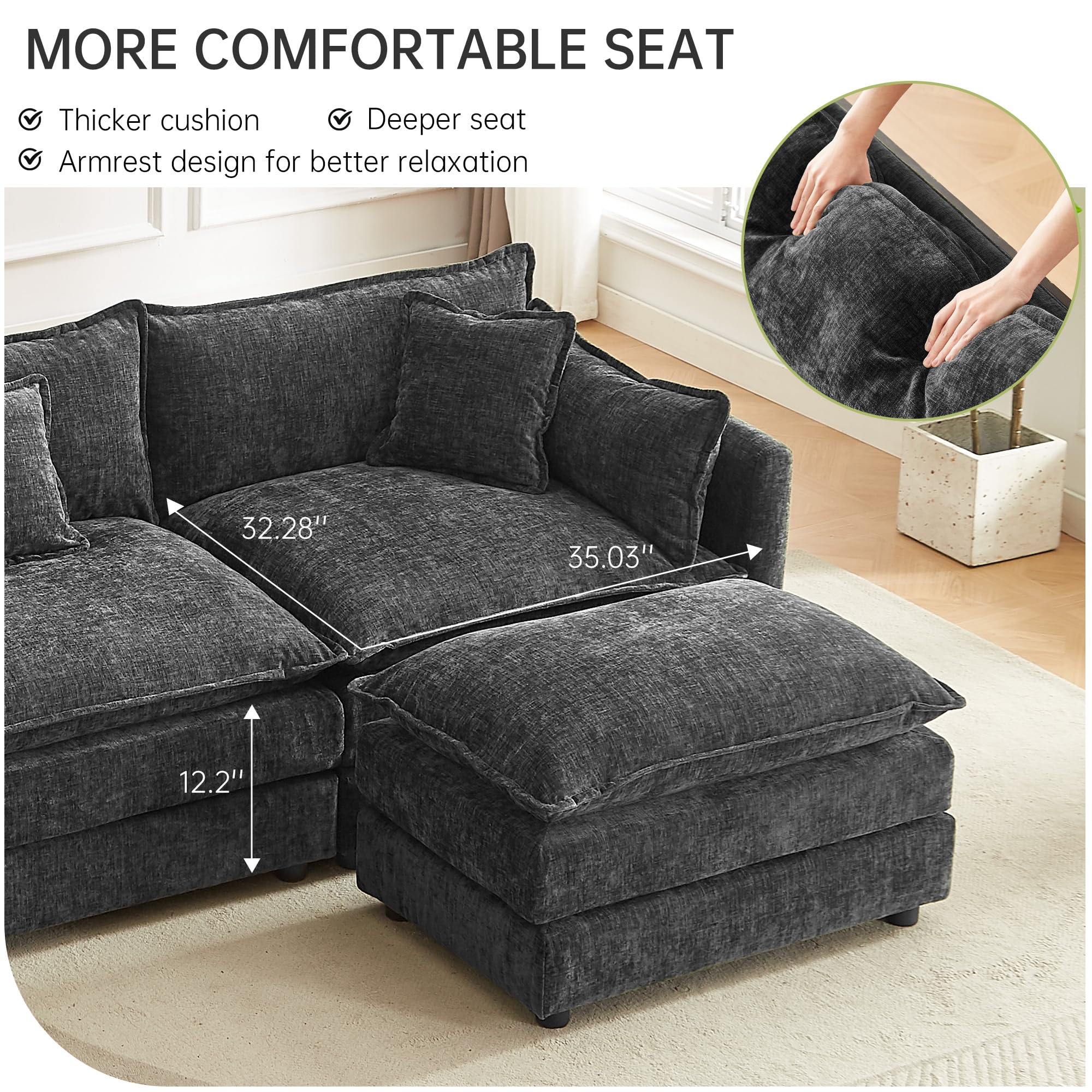 saows Modular Sectional Sofa, 112.2 Inch U Shaped Couch Set with Armrests, 3-Seater Comfy Cloud Couches with Movable Ottoman for Living Room Apartment, Grey: 112&apos;&apos; - U Shape Grey