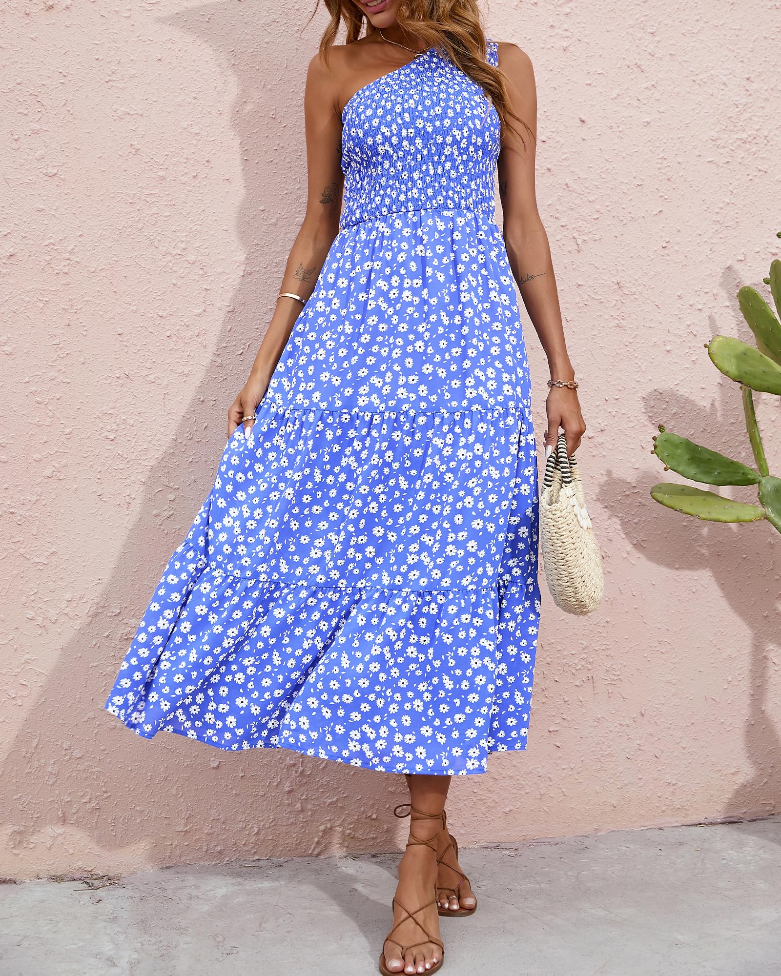 BTFBM 2025 Summer One Shoulder Dresses for Women Casual Sleeveless High Waist Floral Flowy Smocked Boho Beach Maxi Dress