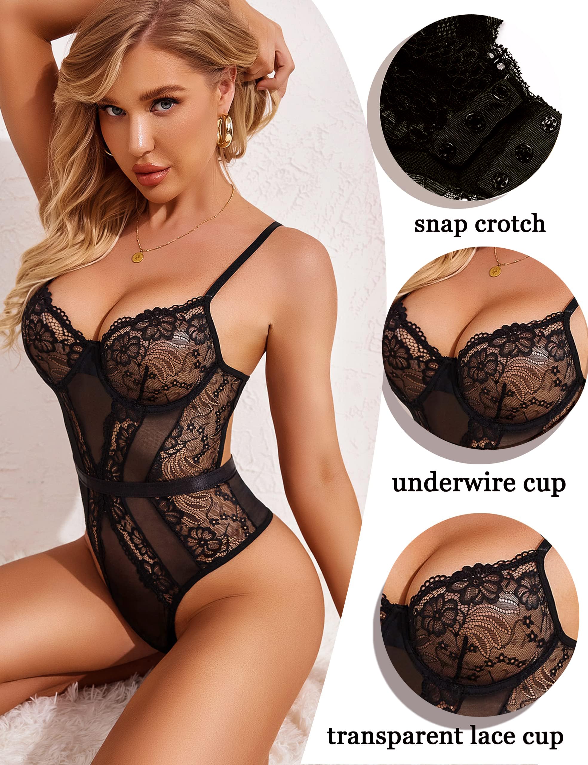 Avidlove Women Lingerie Bodysuit Lace Teddy Snap Crotch One Piece Underwire Babydoll: Black XX-Large