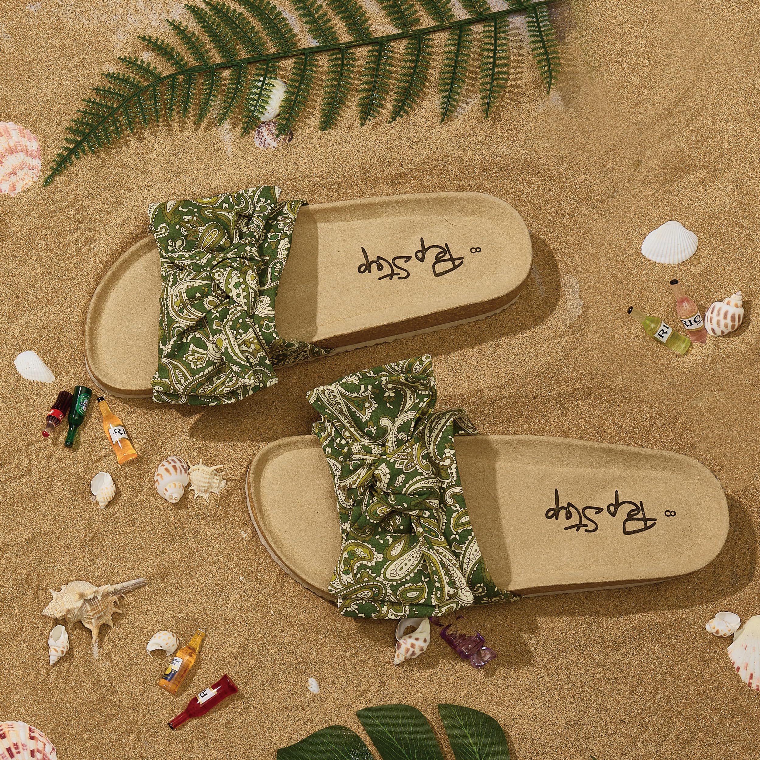 PepStep Slide Sandals for Women or Ladies Dressy Summer Casual, Cute Bow Tie Knot On Top Strap, Comfy Slip On Cork Foot Bed: 8 Green Boho