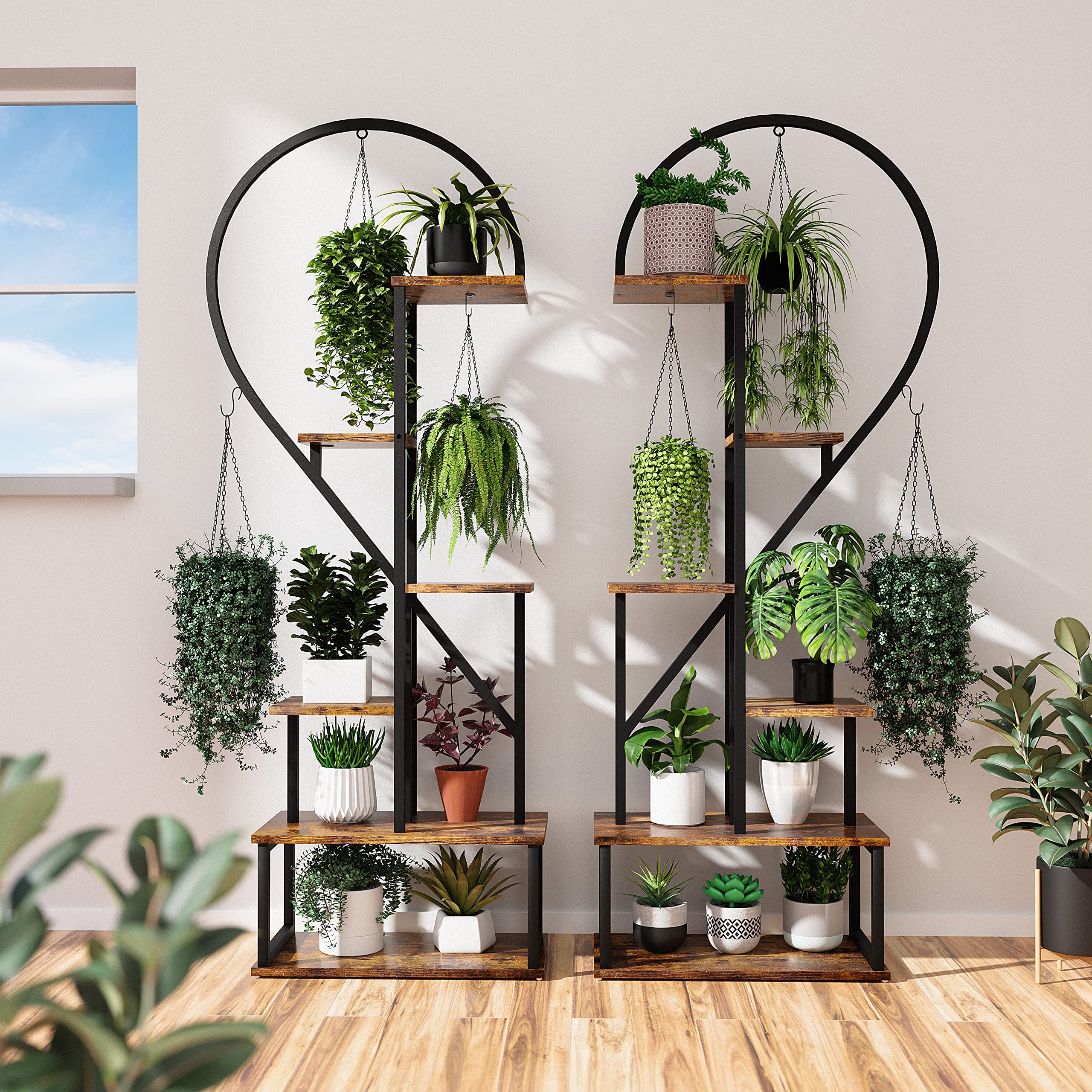 POTEY 6 Tier Metal Plant Stand, Creative Half Heart Shape Ladder Plant Stands for Indoor Plants Multiple, Brown Plant Shelf Rack for Home Patio Lawn Garden (2 Pack): Brown - 1 Pack