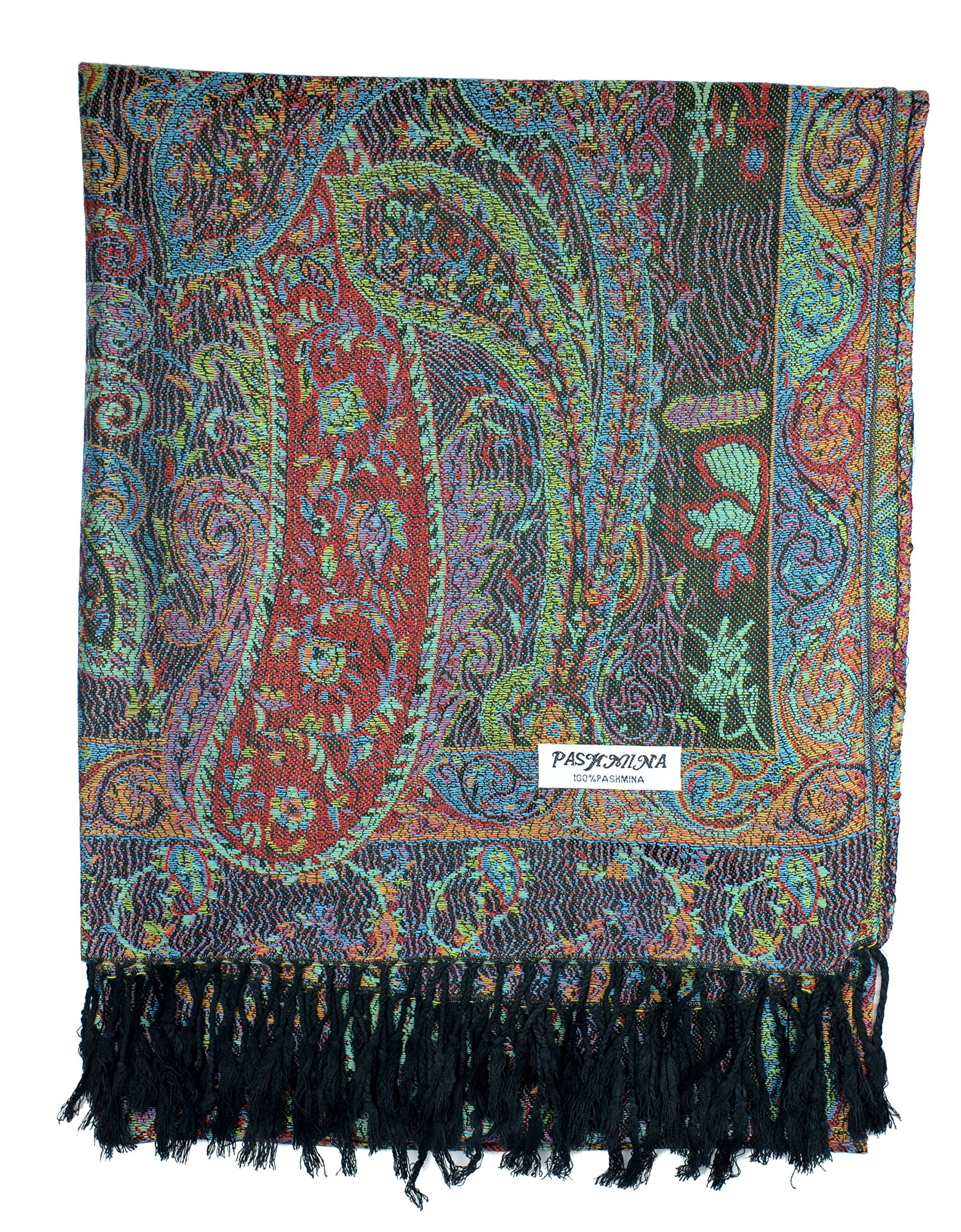 Plum Feathers Tapestry Ethnic Paisley Pattern Pashmina Shawl Scarf, Womens Pashmina Shawl Wrap with Fringes: Black Multi Tapestry