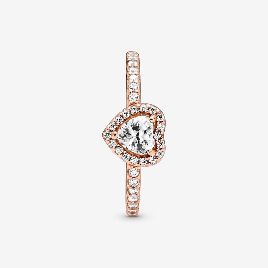 Pandora Sparkling Elevated Heart Ring - Rose Gold Ring for Women - Layering or Stackable Ring - Gift for Her 14k Rose with Cubic Zirconia - With Gift Box: Clear 7