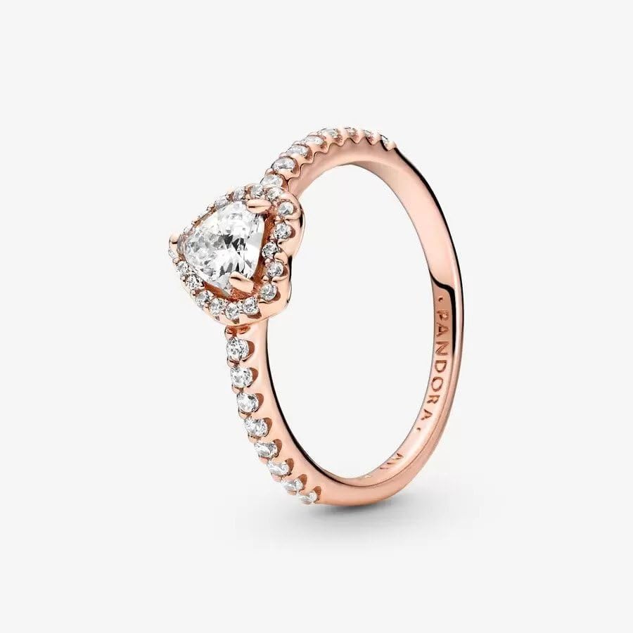 Pandora Sparkling Elevated Heart Ring - Rose Gold Ring for Women - Layering or Stackable Ring - Gift for Her 14k Rose with Cubic Zirconia - With Gift Box: Clear 7